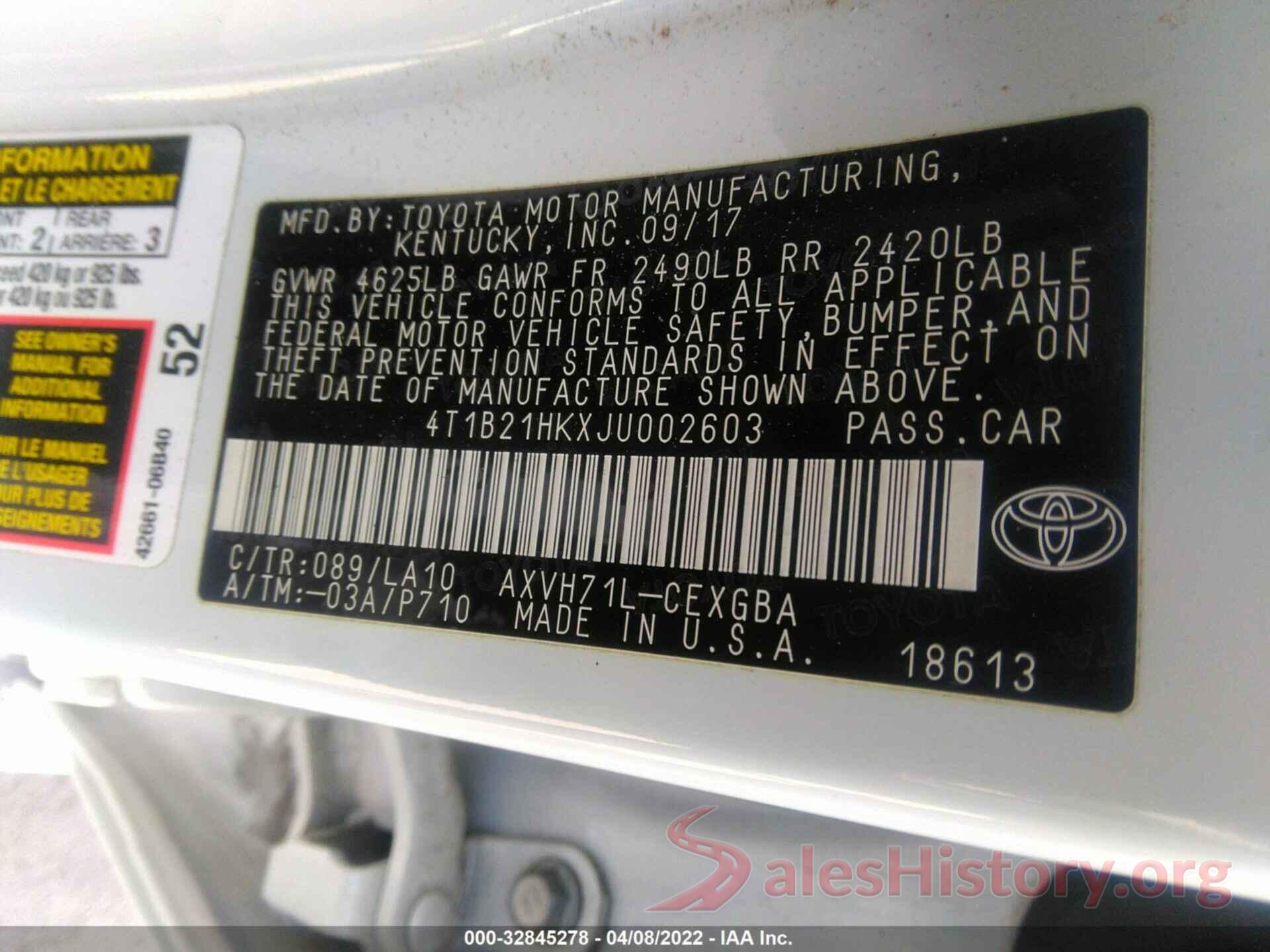 4T1B21HKXJU002603 2018 TOYOTA CAMRY