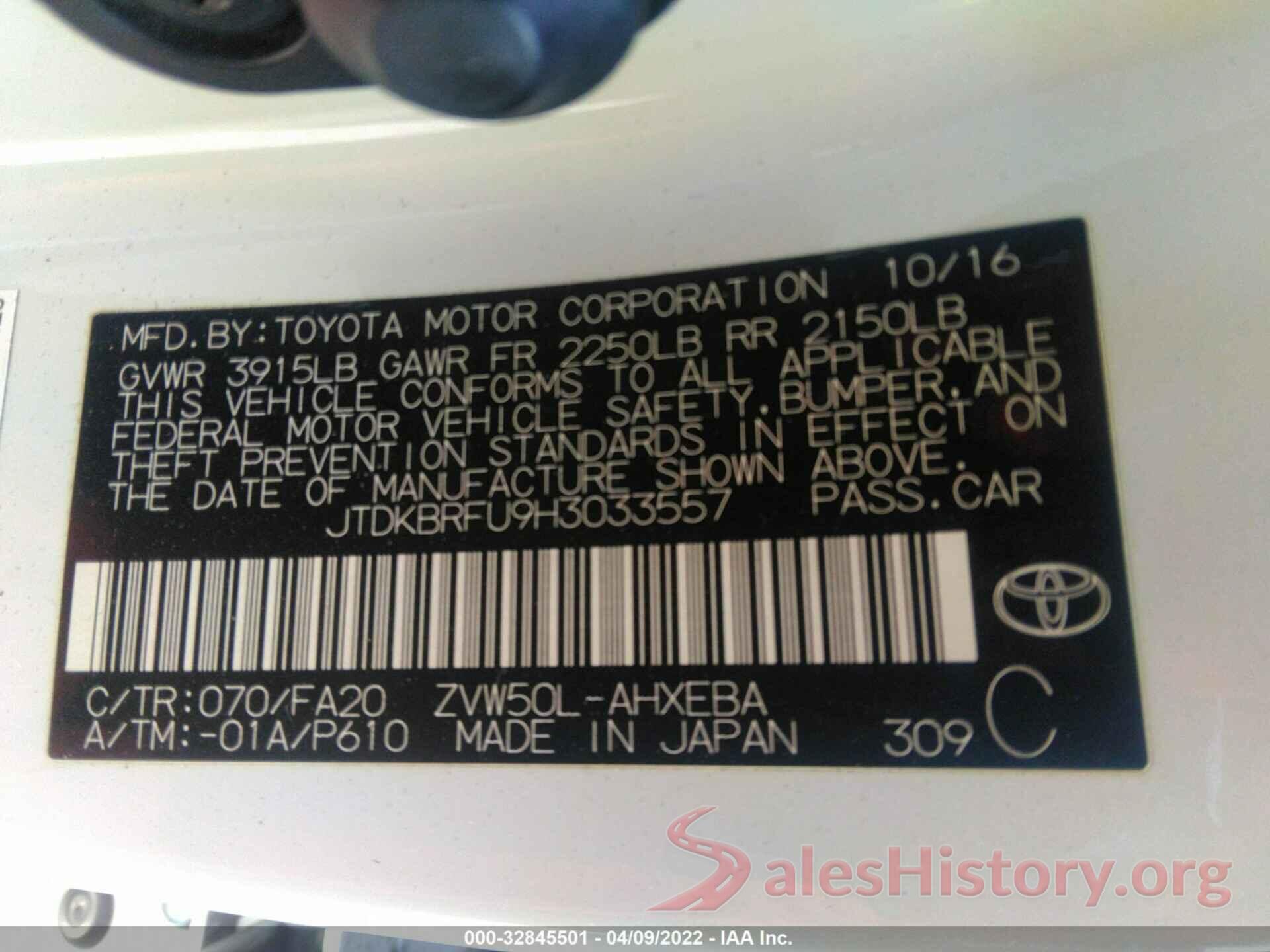 JTDKBRFU9H3033557 2017 TOYOTA PRIUS