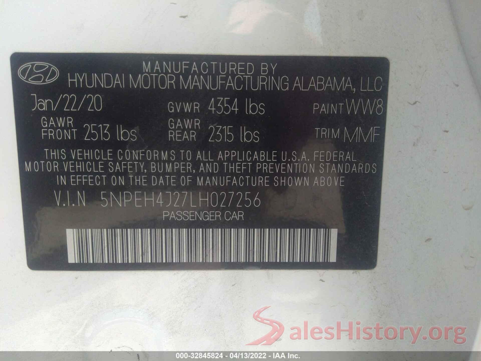 5NPEH4J27LH027256 2020 HYUNDAI SONATA