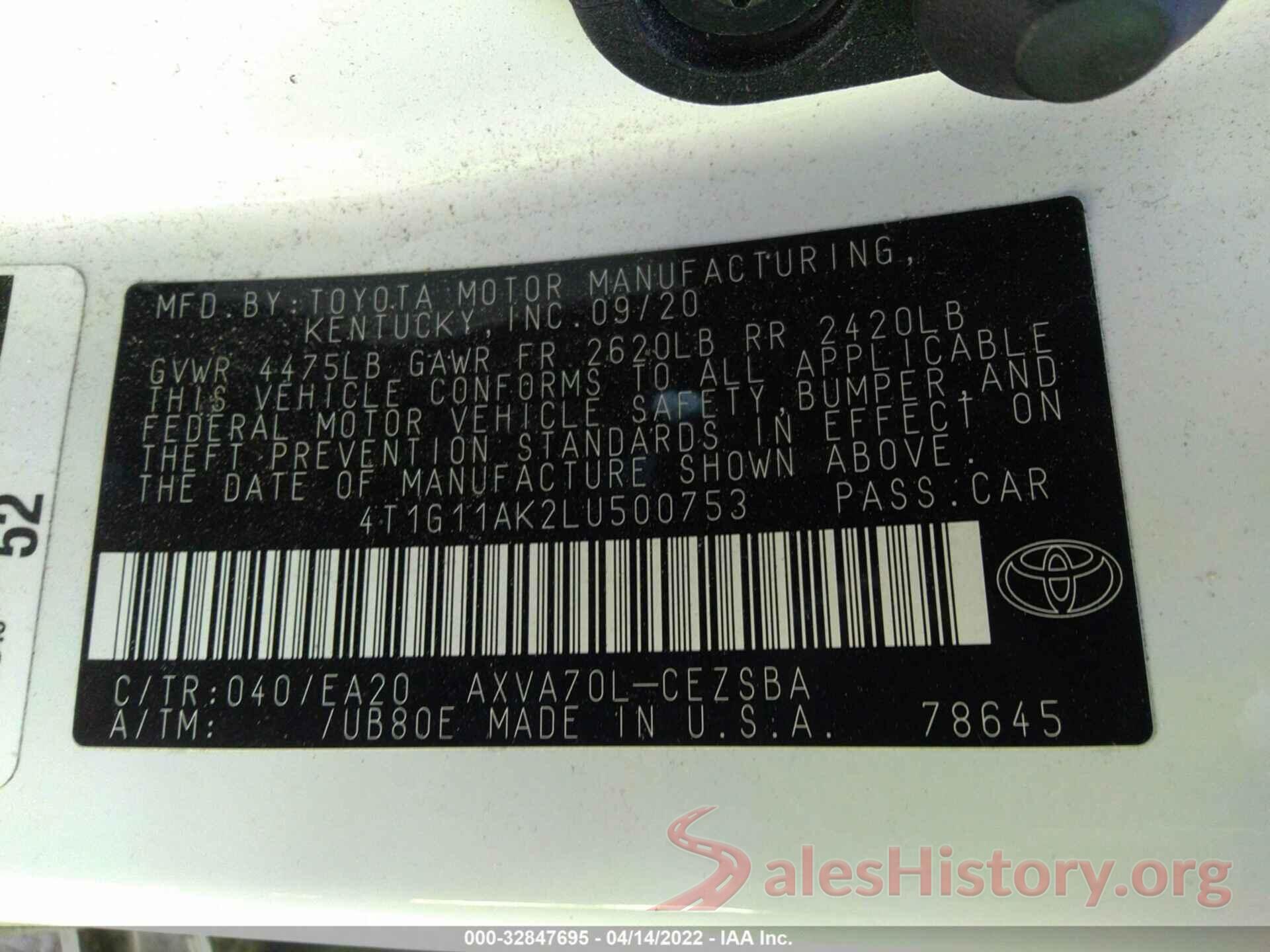 4T1G11AK2LU500753 2020 TOYOTA CAMRY