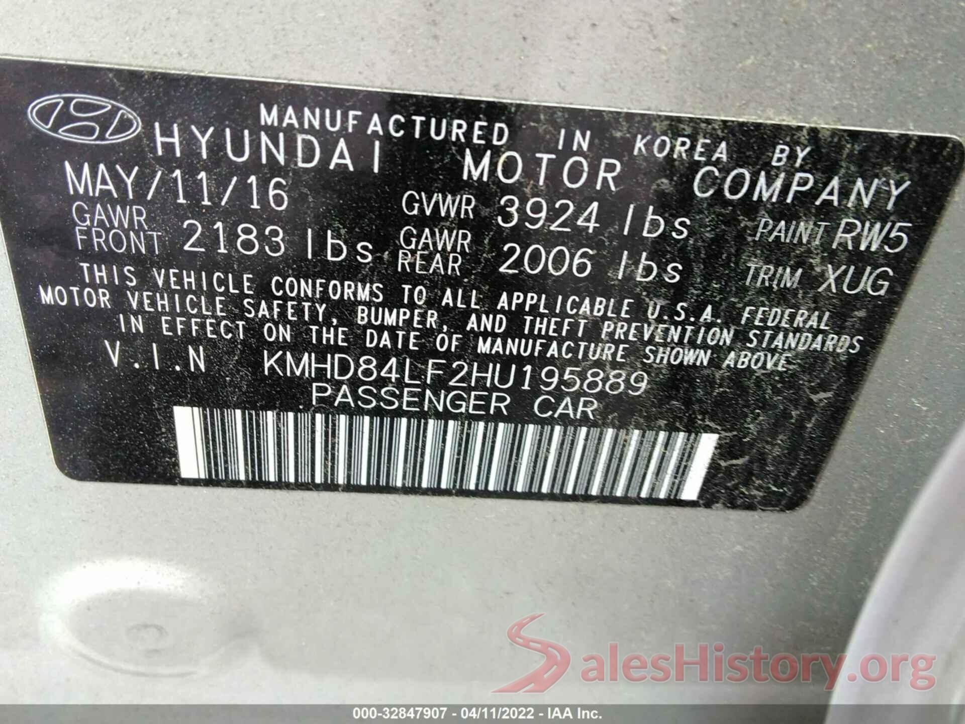 KMHD84LF2HU195889 2017 HYUNDAI ELANTRA