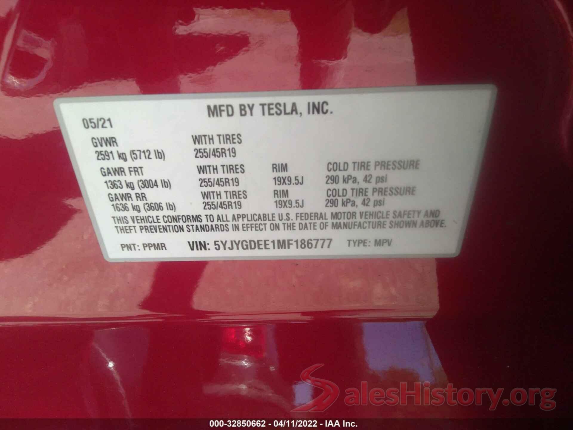 5YJYGDEE1MF186777 2021 TESLA MODEL Y