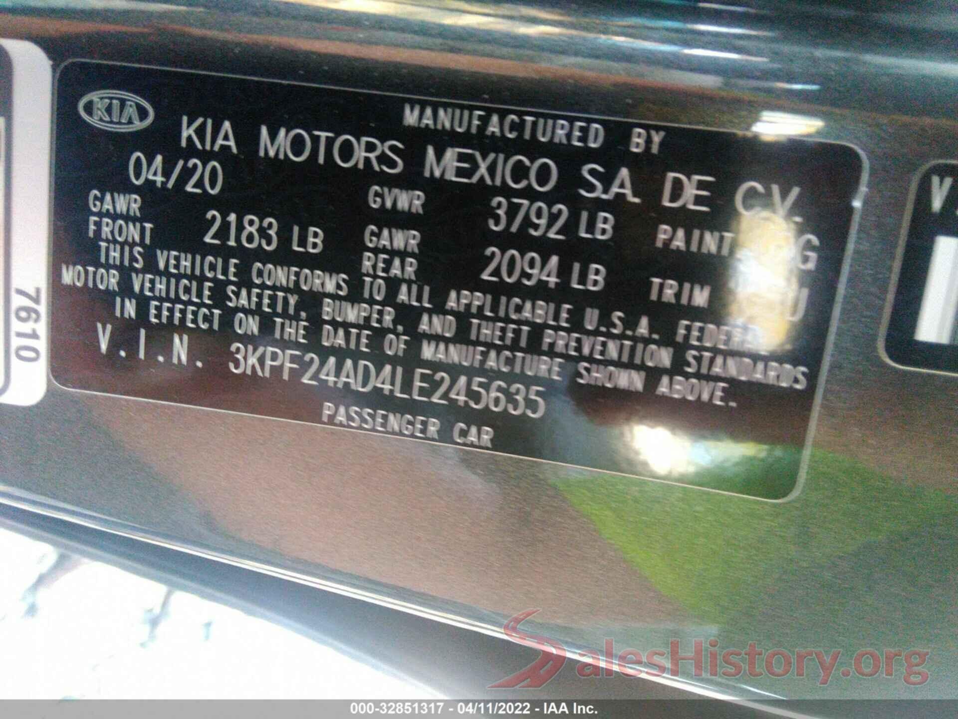 3KPF24AD4LE245635 2020 KIA FORTE