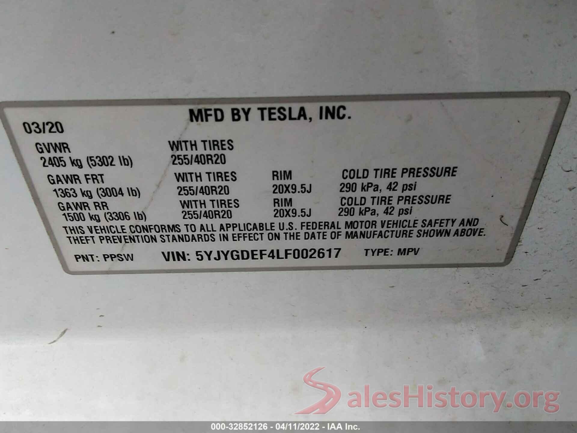 5YJYGDEF4LF002617 2020 TESLA MODEL Y