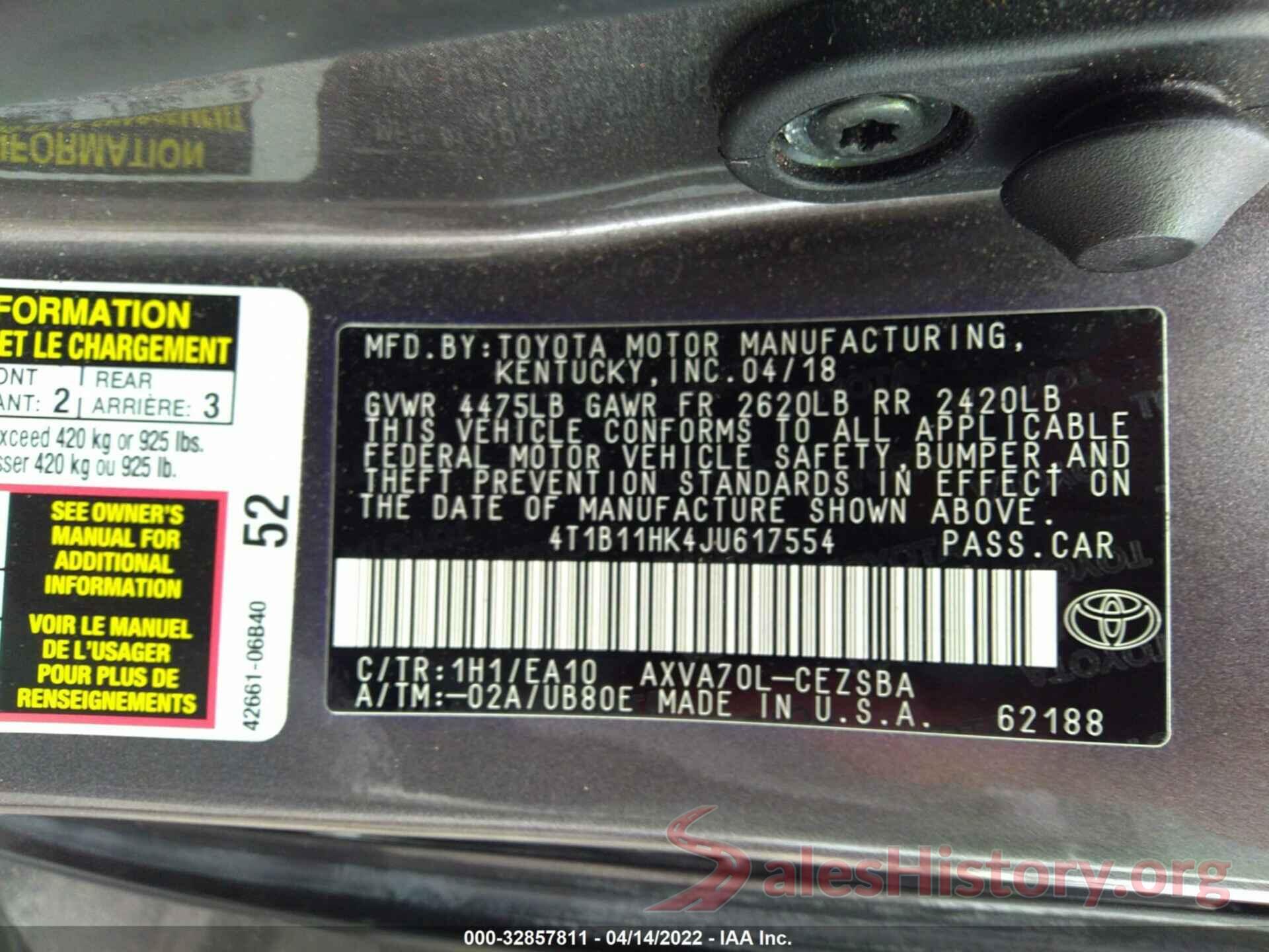 4T1B11HK4JU617554 2018 TOYOTA CAMRY