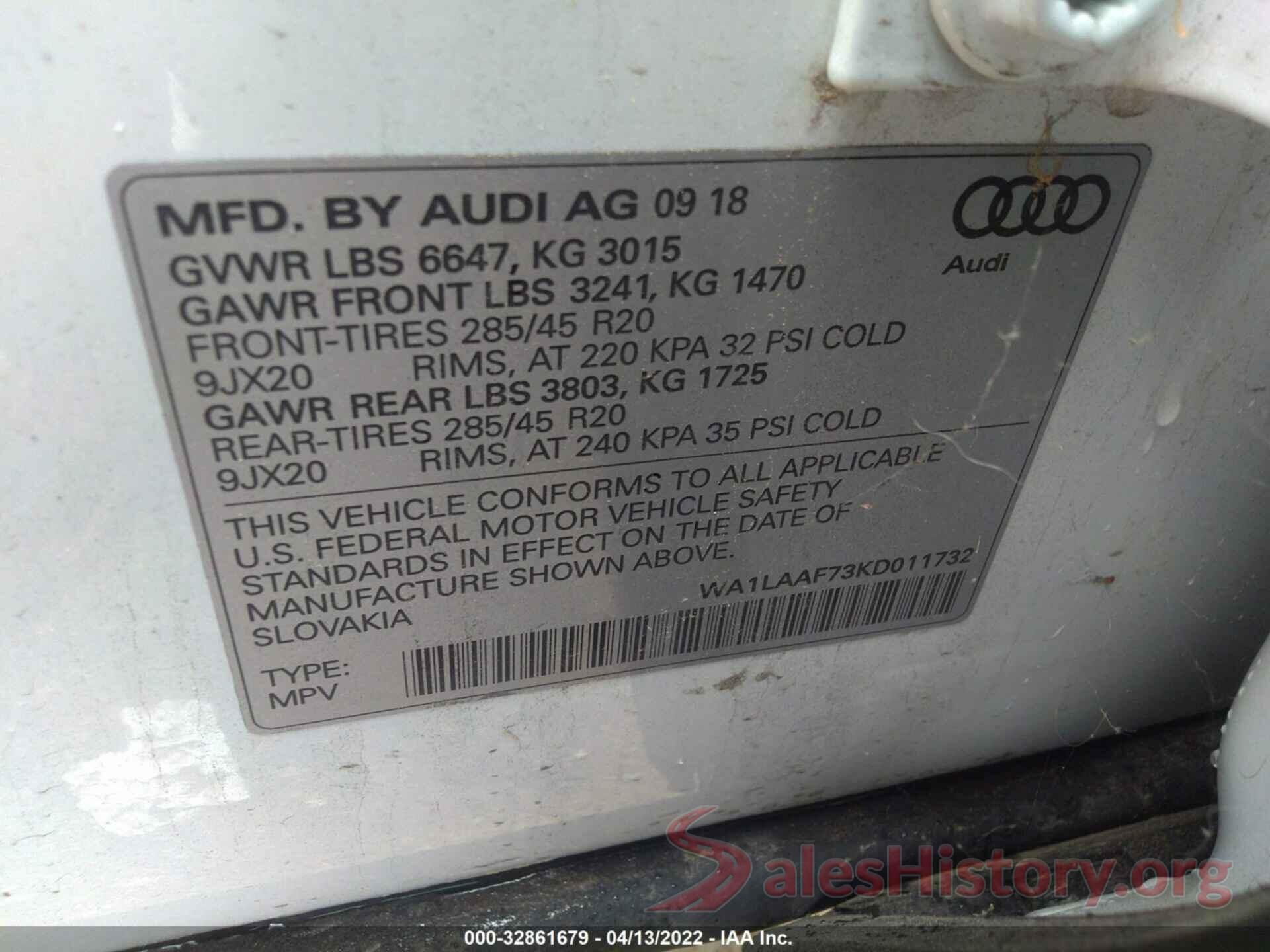 WA1LAAF73KD011732 2019 AUDI Q7