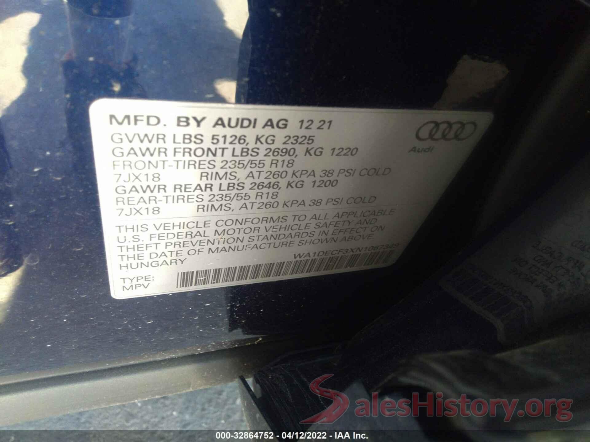 WA1DECF3XN1067349 2022 AUDI Q3