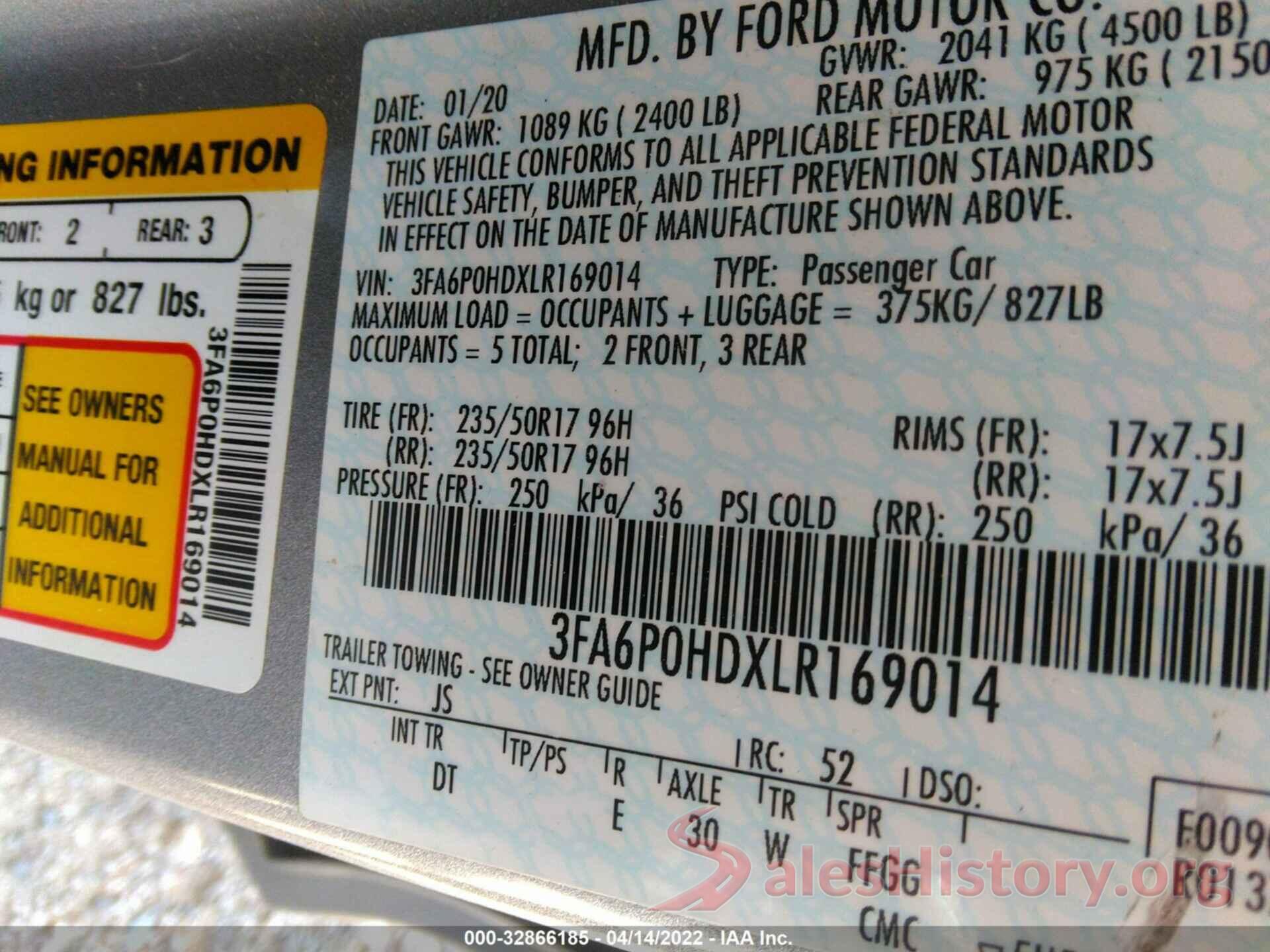 3FA6P0HDXLR169014 2020 FORD FUSION