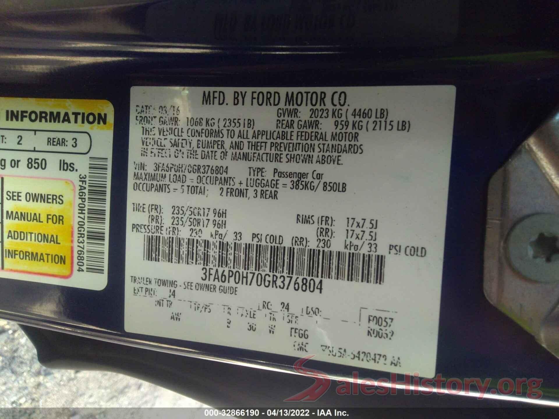 3FA6P0H70GR376804 2016 FORD FUSION