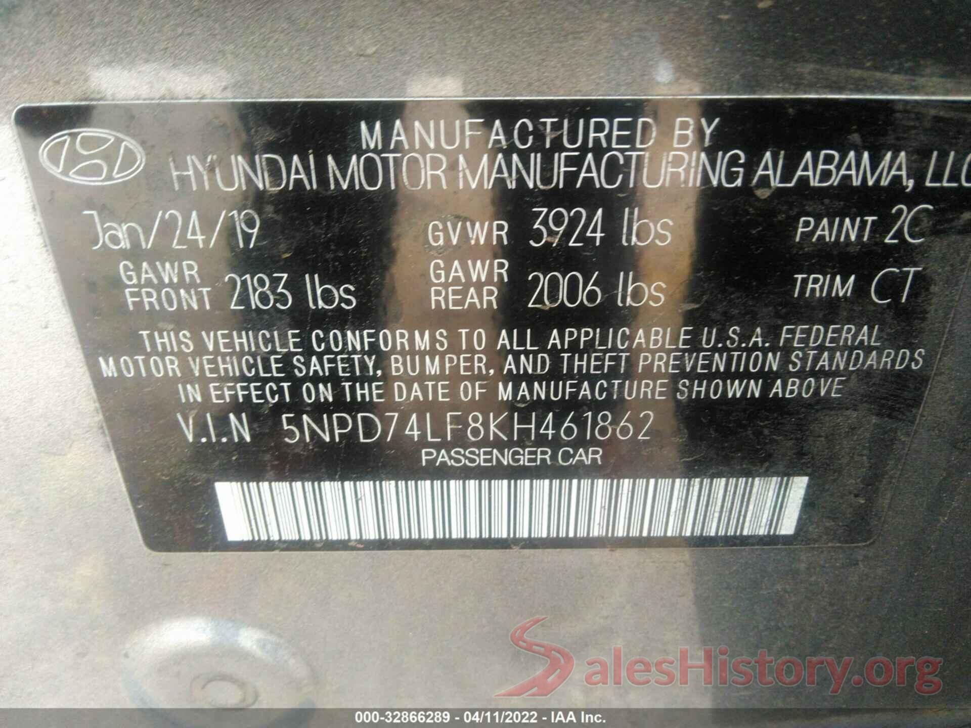 5NPD74LF8KH461862 2019 HYUNDAI ELANTRA