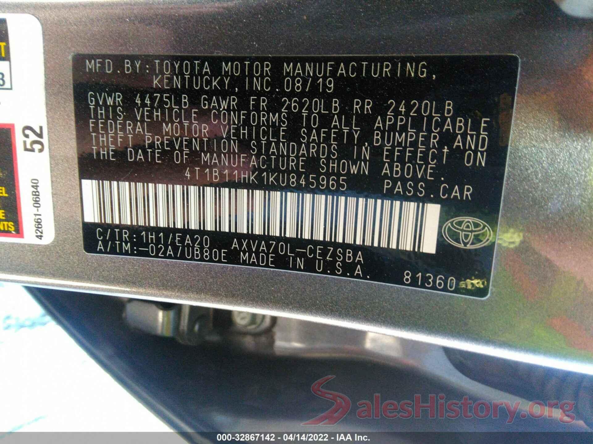 4T1B11HK1KU845965 2019 TOYOTA CAMRY