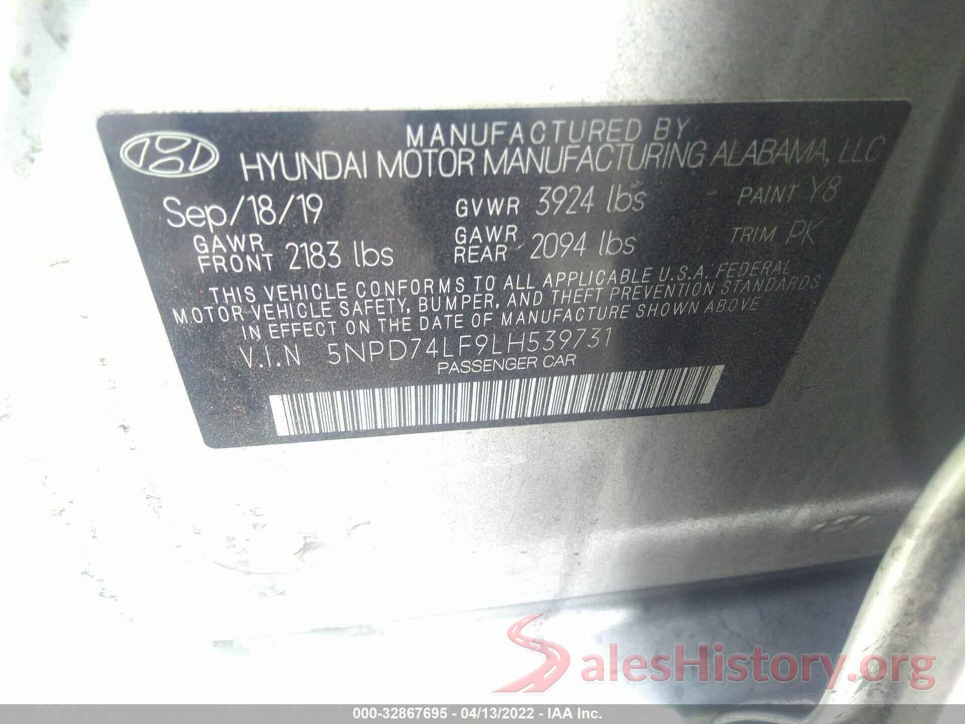 5NPD74LF9LH539731 2020 HYUNDAI ELANTRA