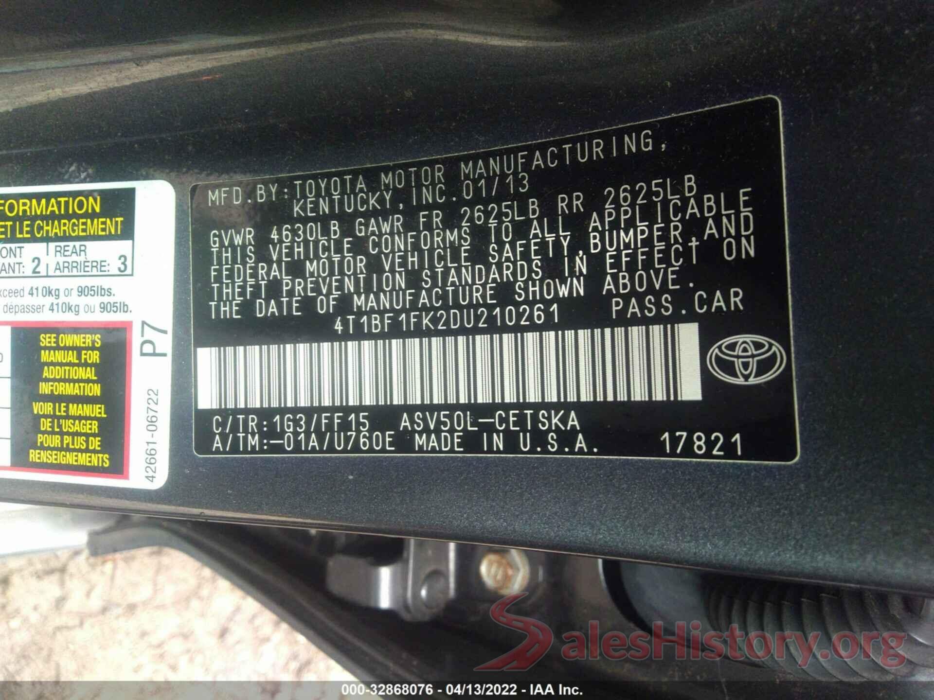 4T1BF1FK2DU210261 2013 TOYOTA CAMRY