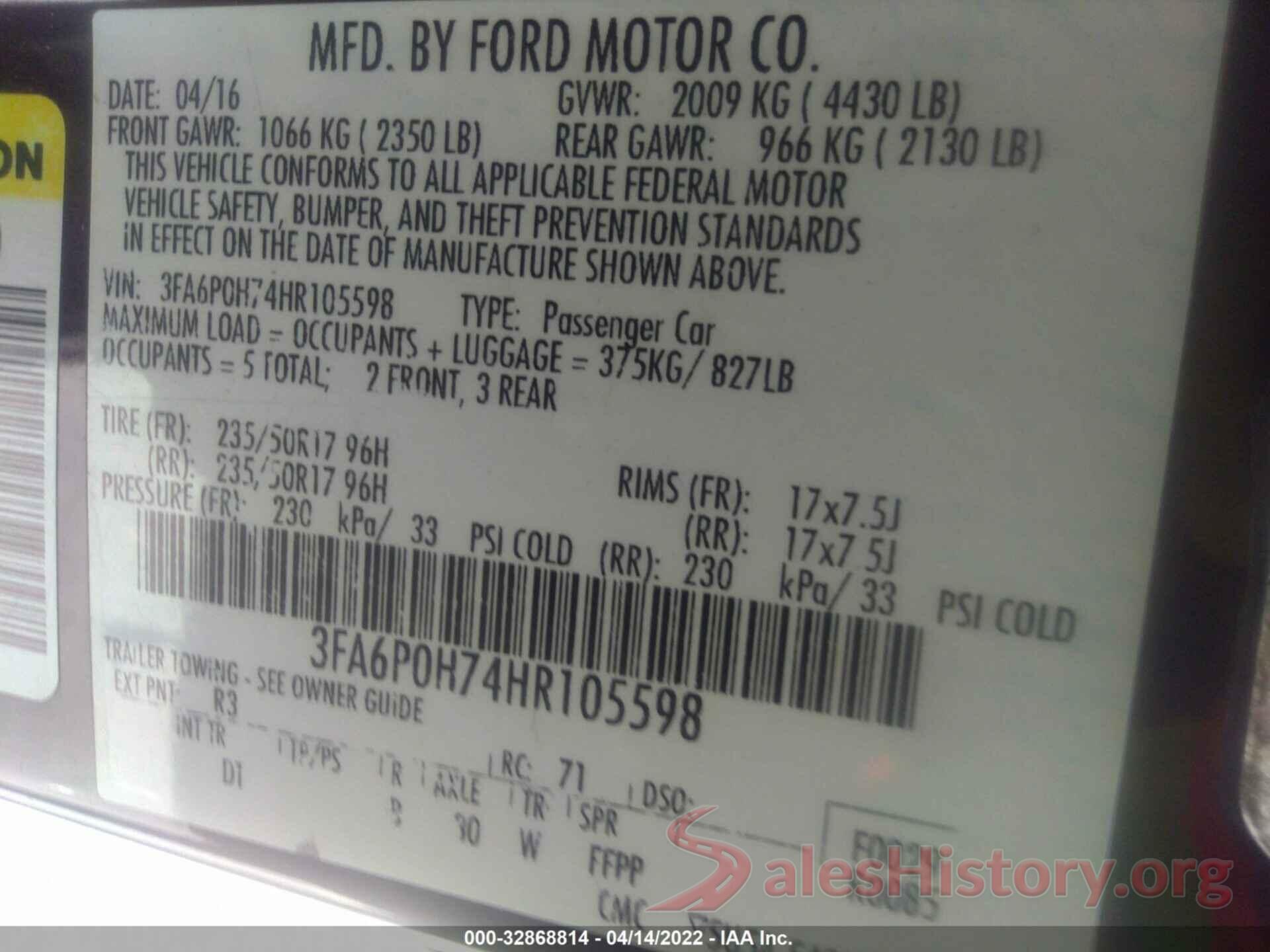 3FA6P0H74HR105598 2017 FORD FUSION