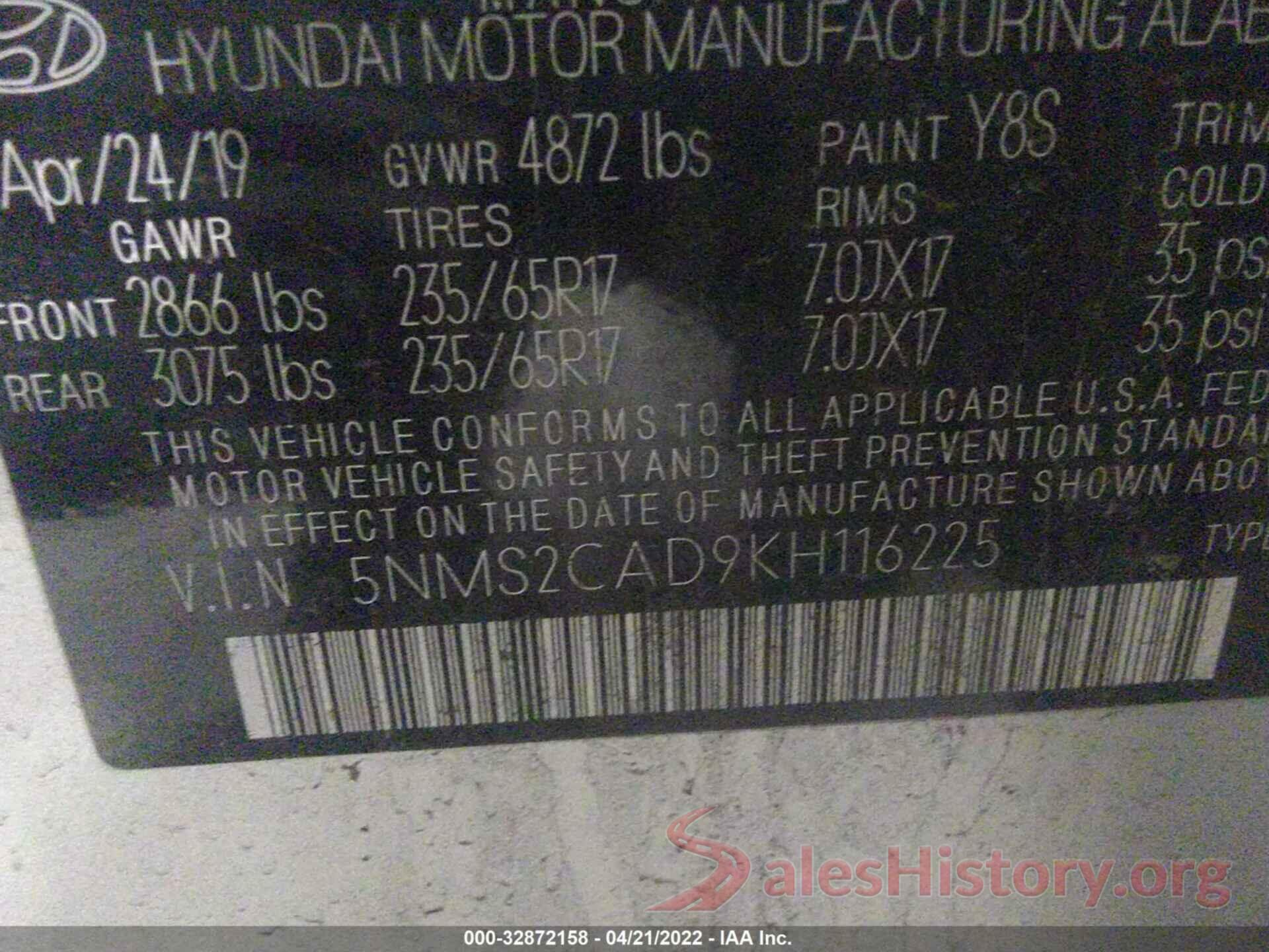 5NMS2CAD9KH116225 2019 HYUNDAI SANTA FE