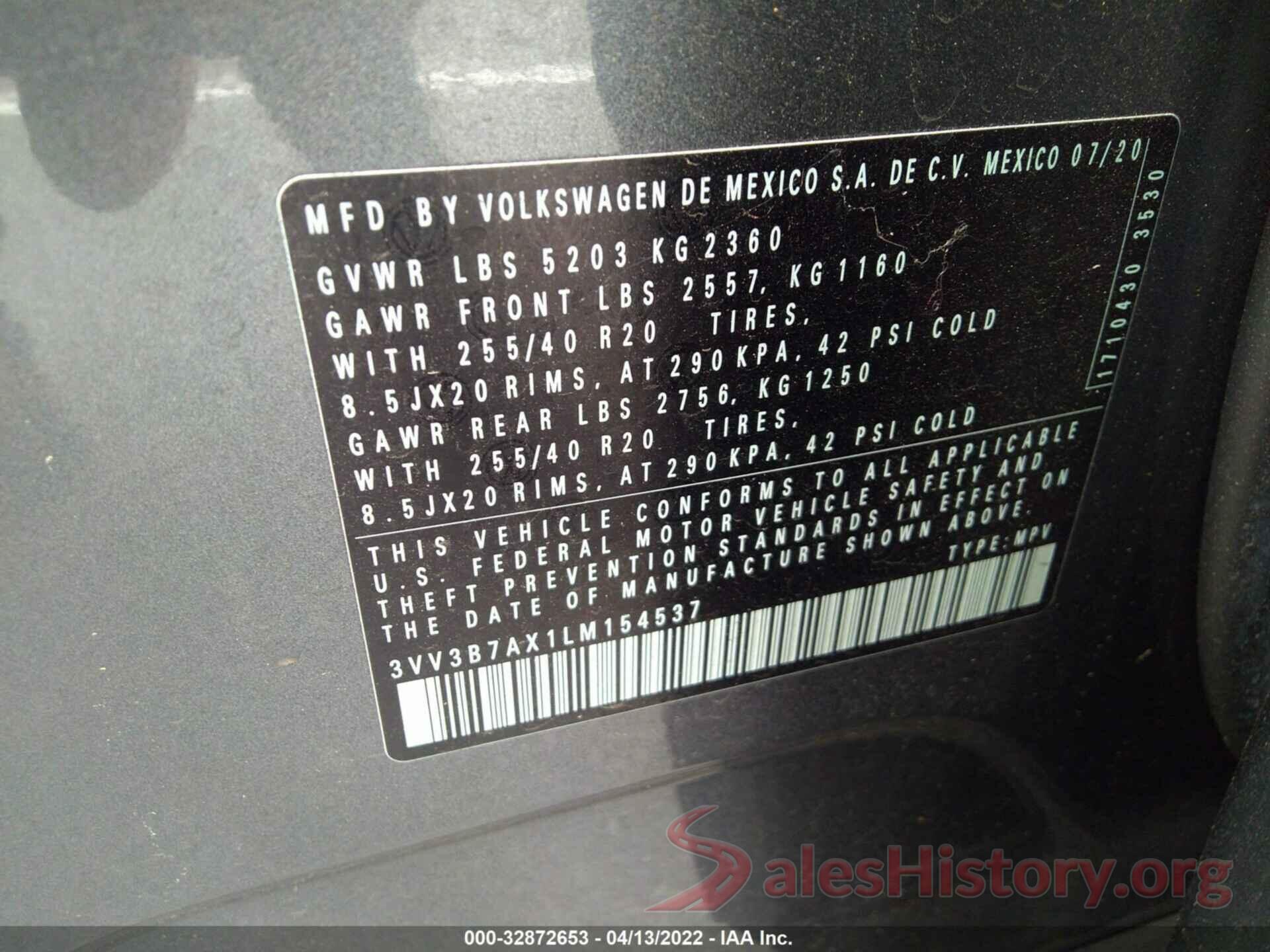 3VV3B7AX1LM154537 2020 VOLKSWAGEN TIGUAN