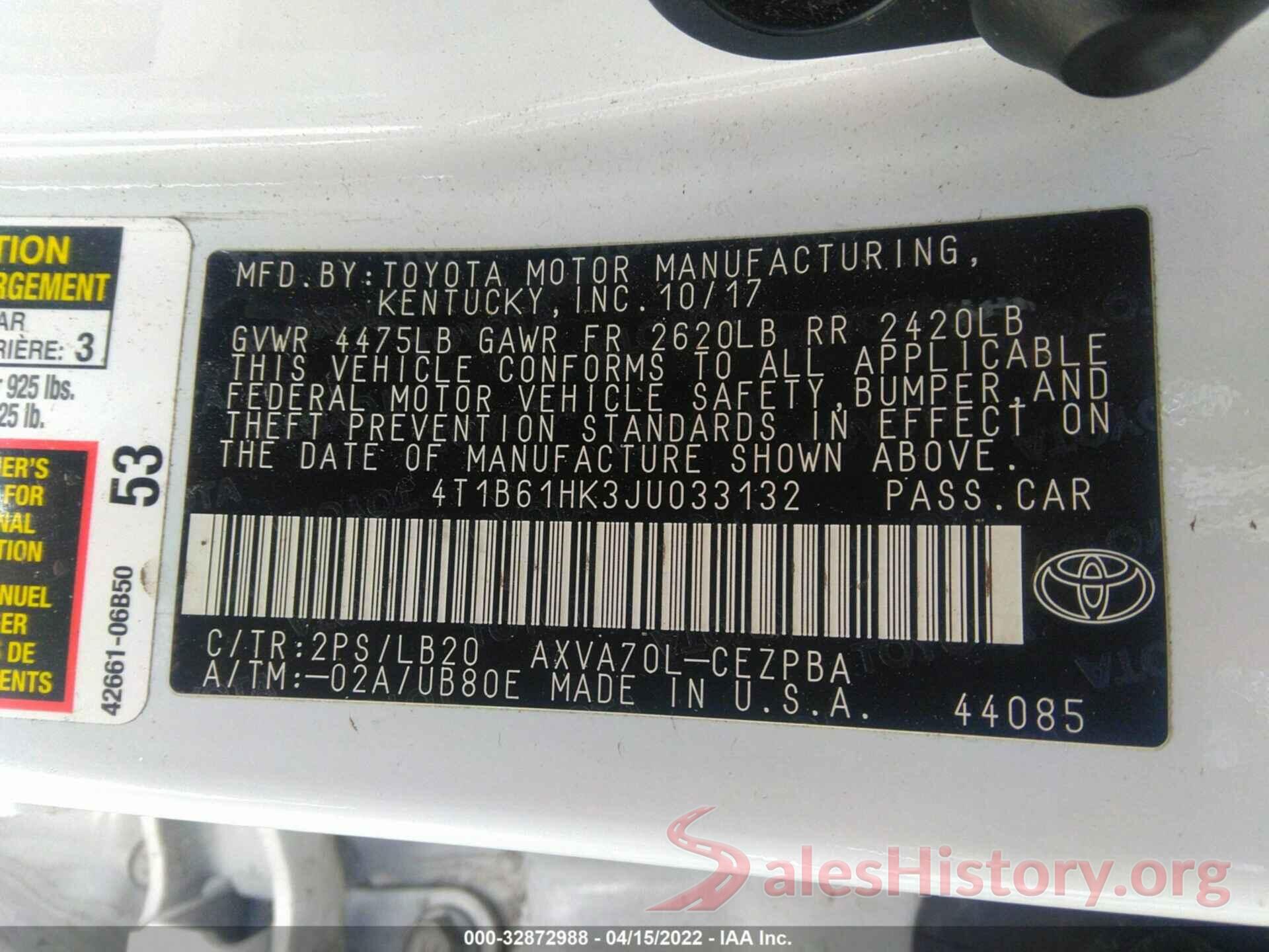 4T1B61HK3JU033132 2018 TOYOTA CAMRY