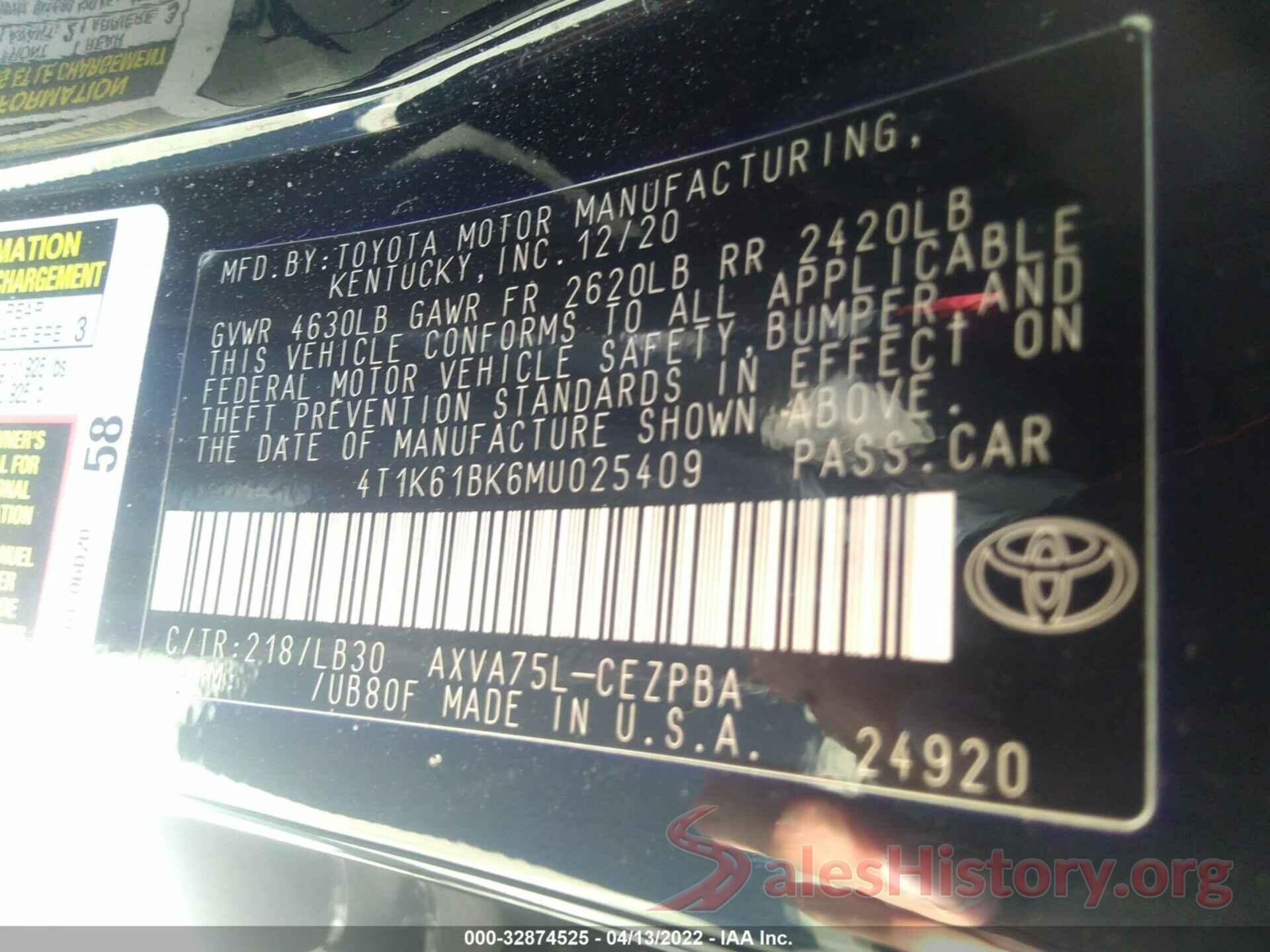 4T1K61BK6MU025409 2021 TOYOTA CAMRY