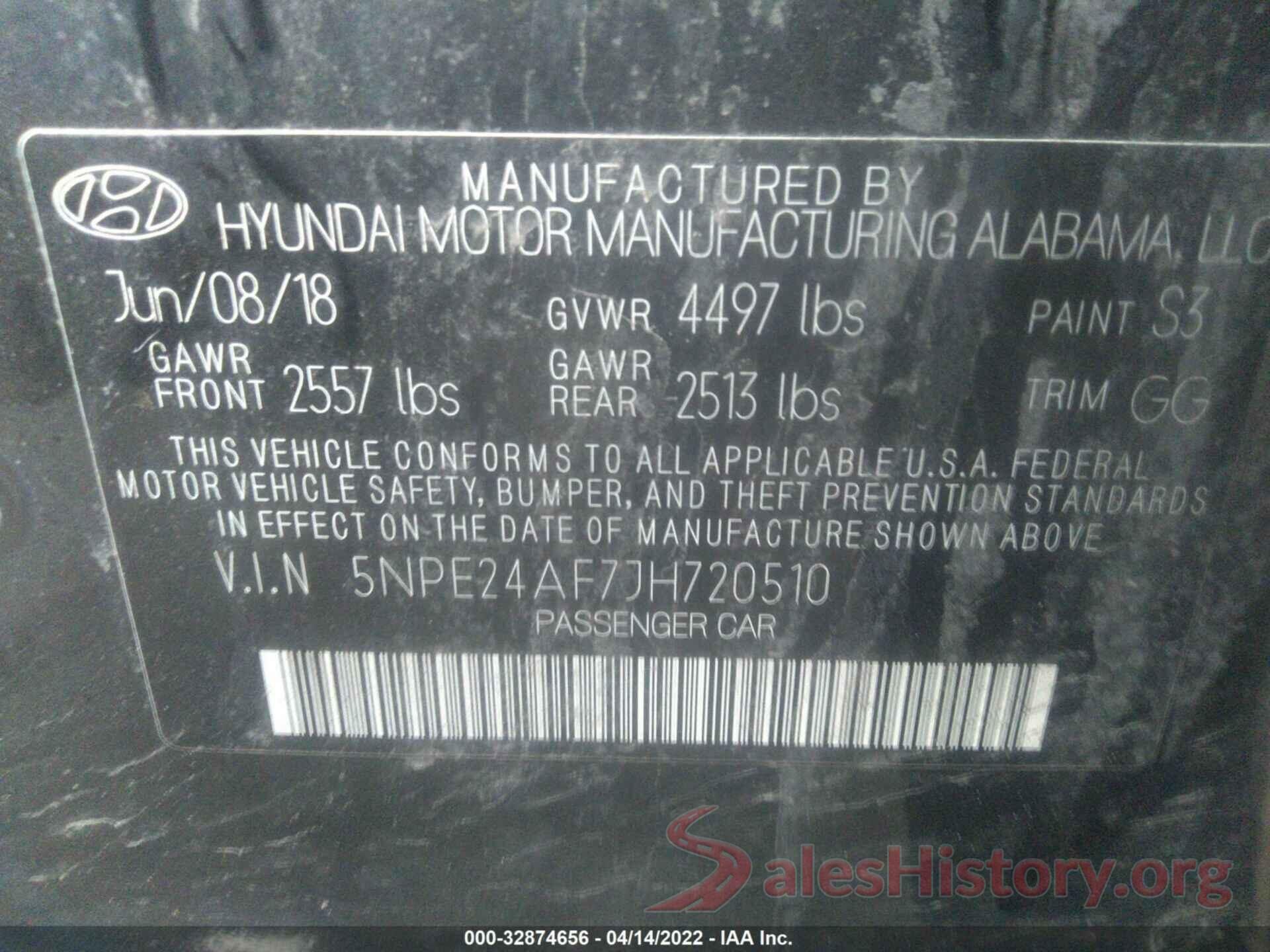 5NPE24AF7JH720510 2018 HYUNDAI SONATA