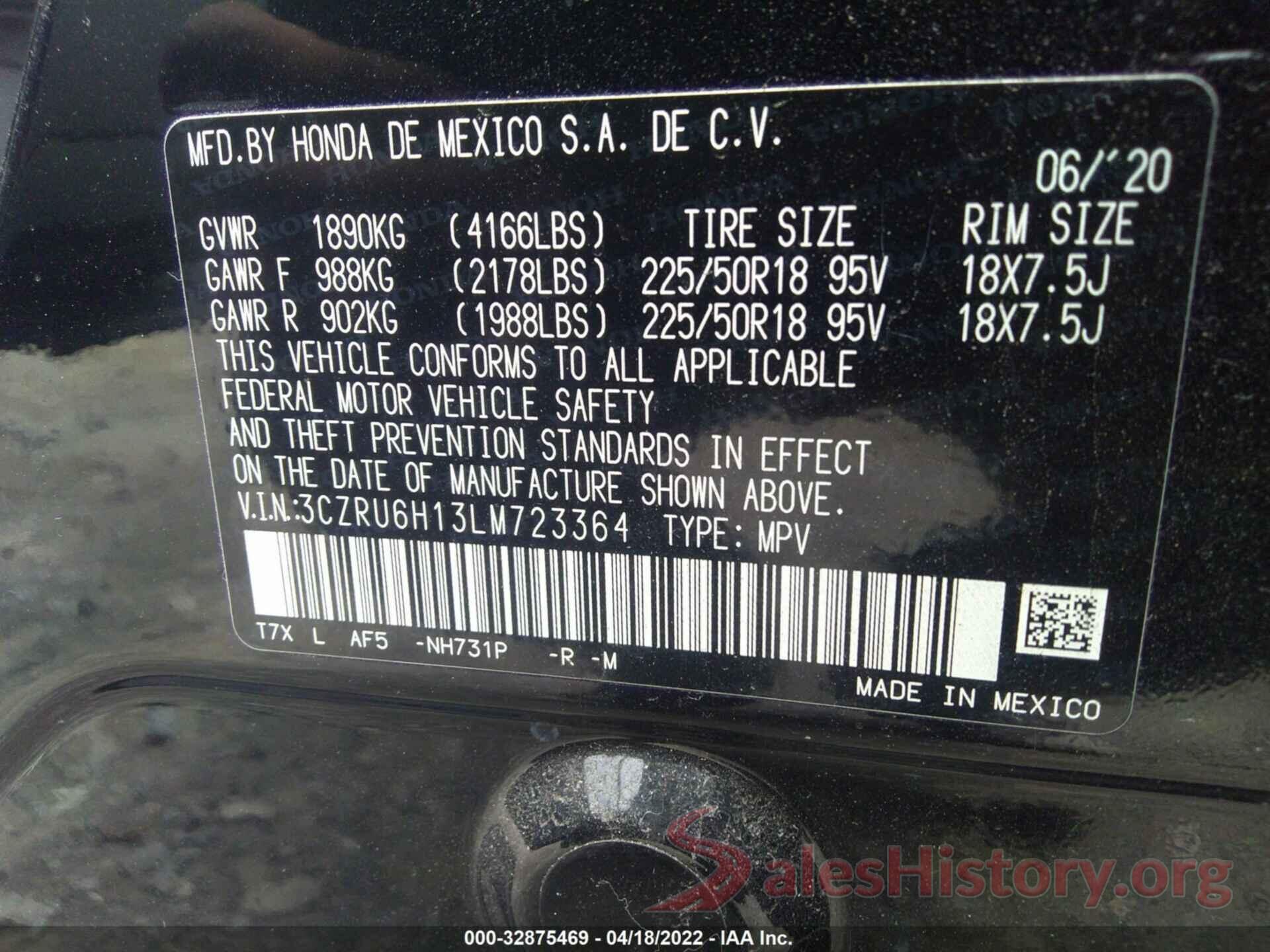 3CZRU6H13LM723364 2020 HONDA HR-V