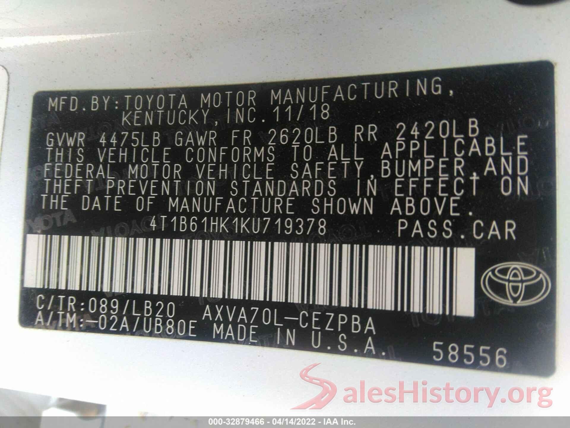 4T1B61HK1KU719378 2019 TOYOTA CAMRY