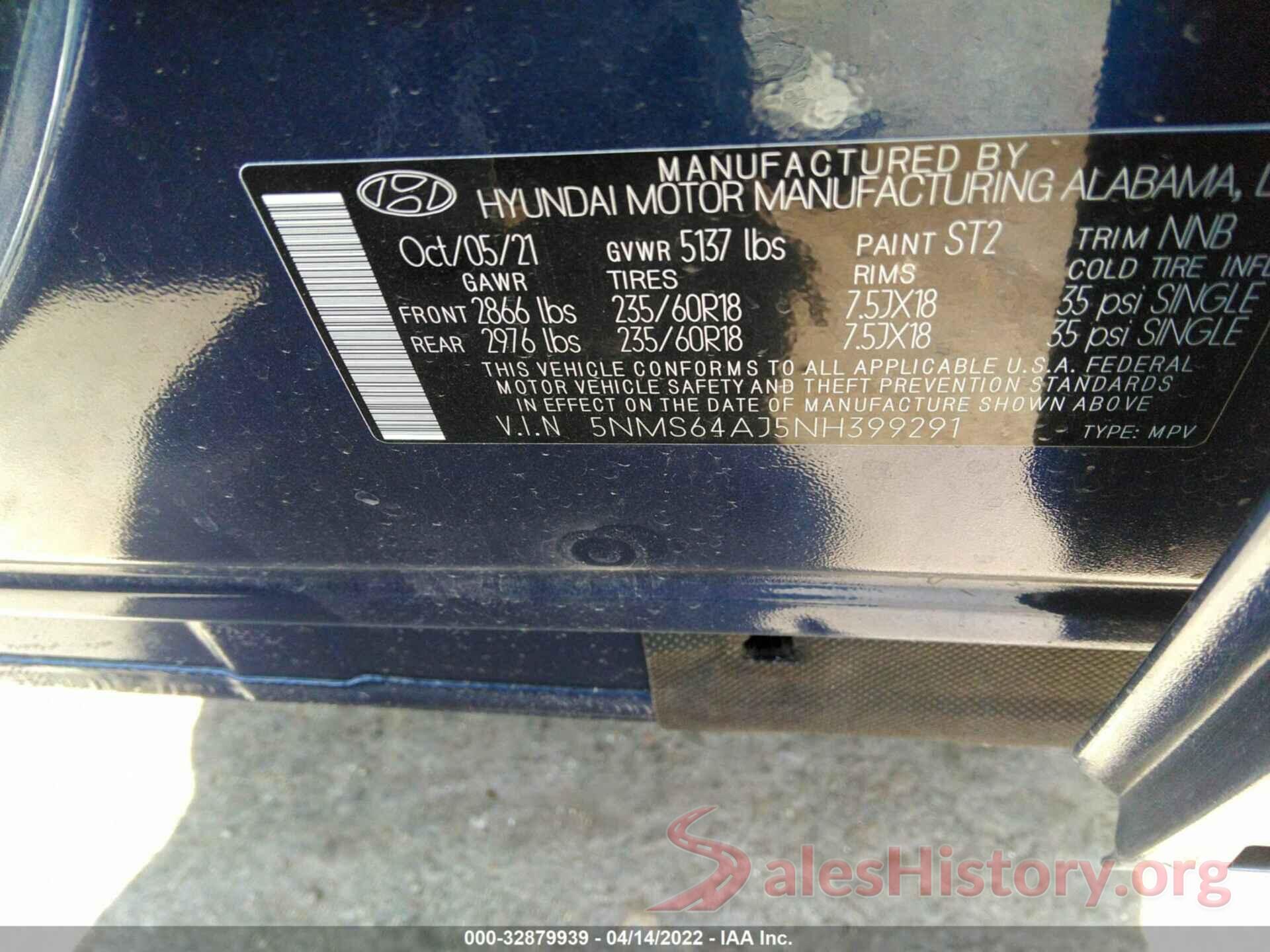 5NMS64AJ5NH399291 2022 HYUNDAI SANTA FE