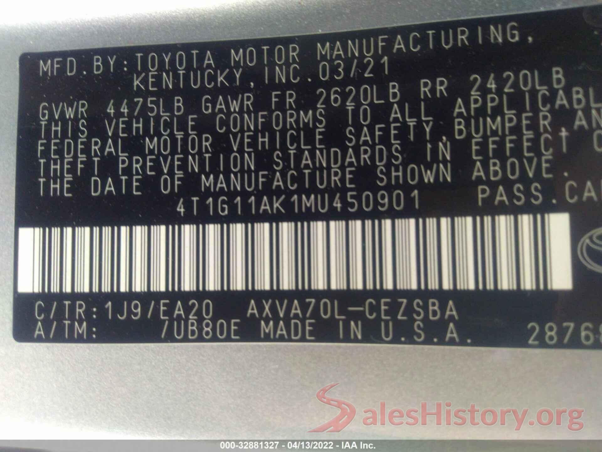 4T1G11AK1MU450901 2021 TOYOTA CAMRY