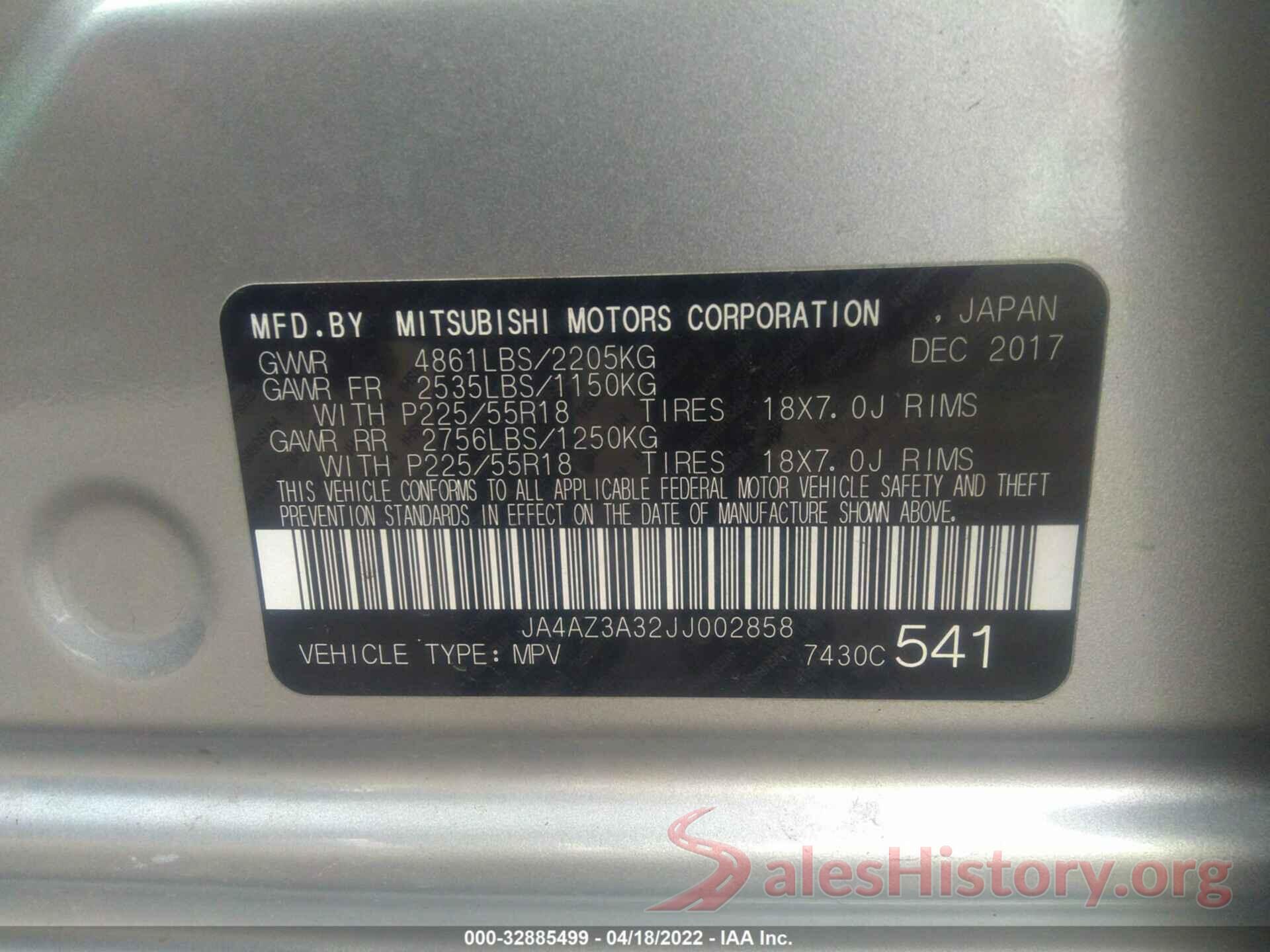 JA4AZ3A32JJ002858 2018 MITSUBISHI OUTLANDER