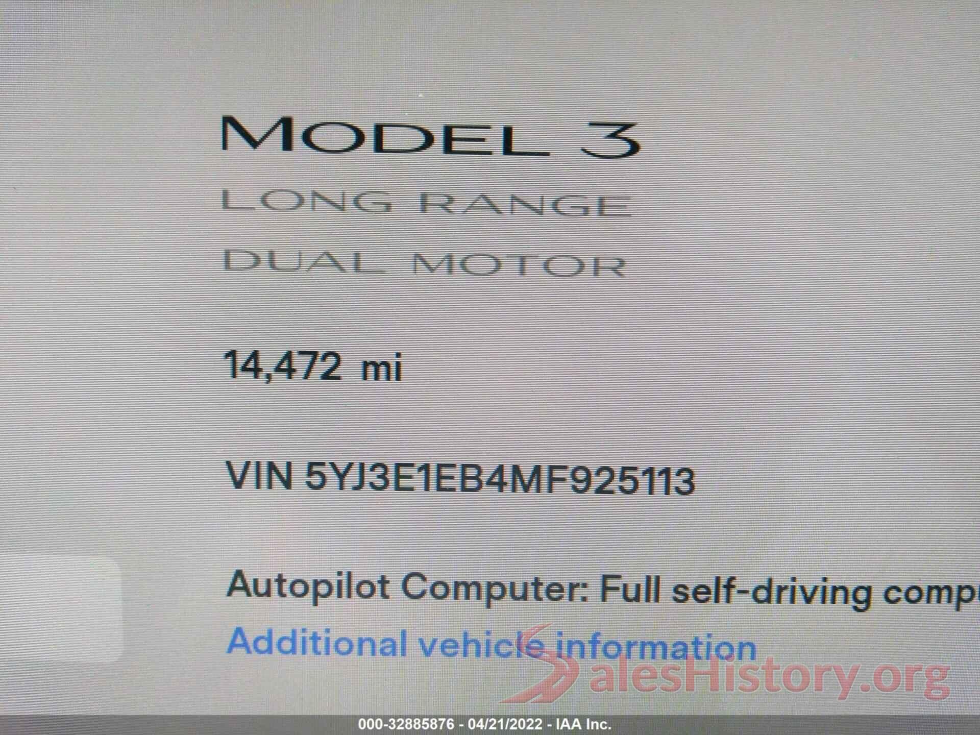 5YJ3E1EB4MF925113 2021 TESLA MODEL 3