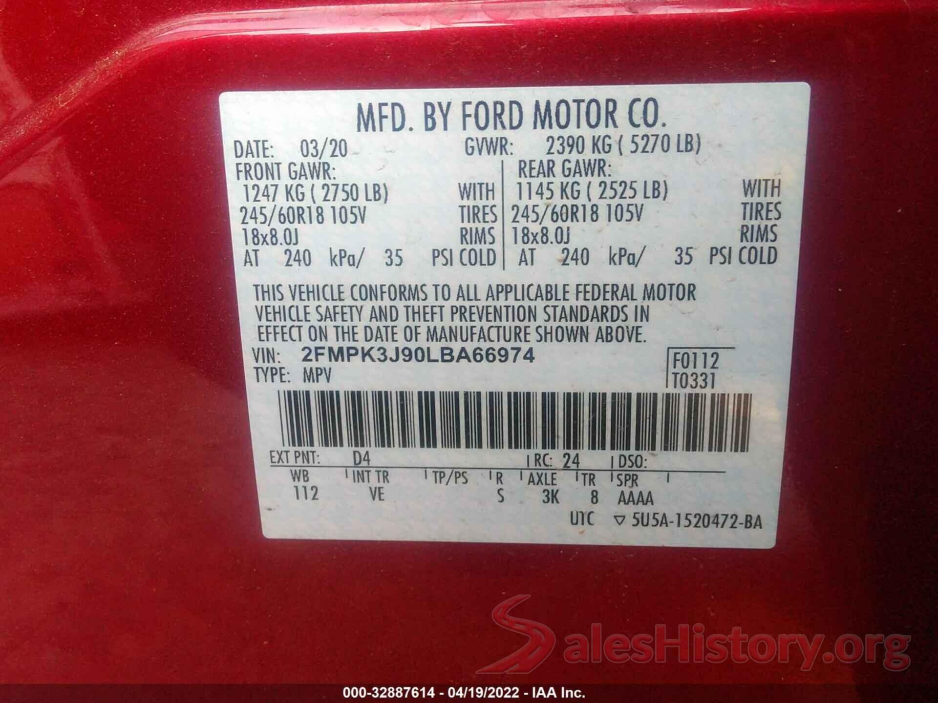 2FMPK3J90LBA66974 2020 FORD EDGE