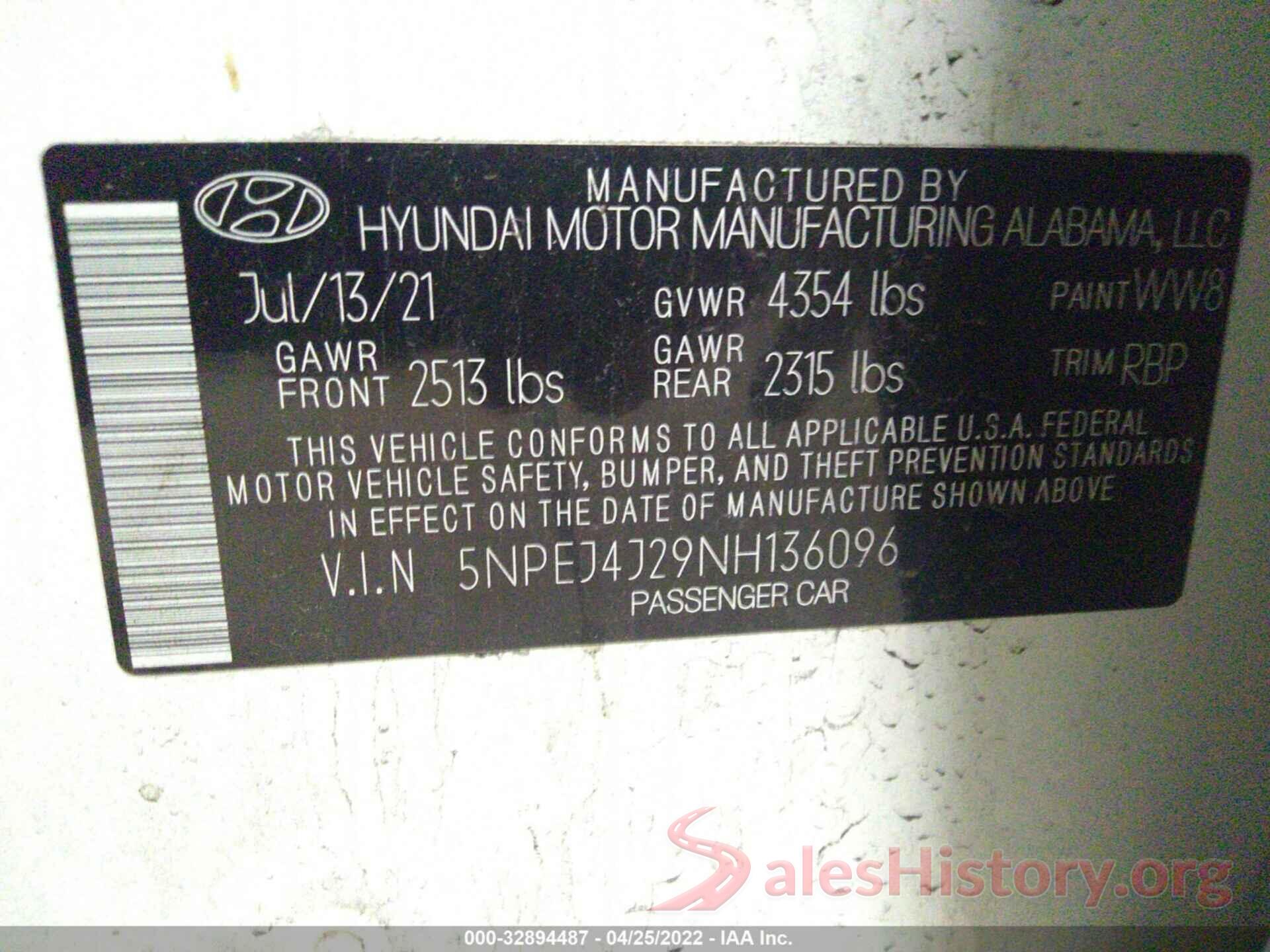 5NPEJ4J29NH136096 2022 HYUNDAI SONATA