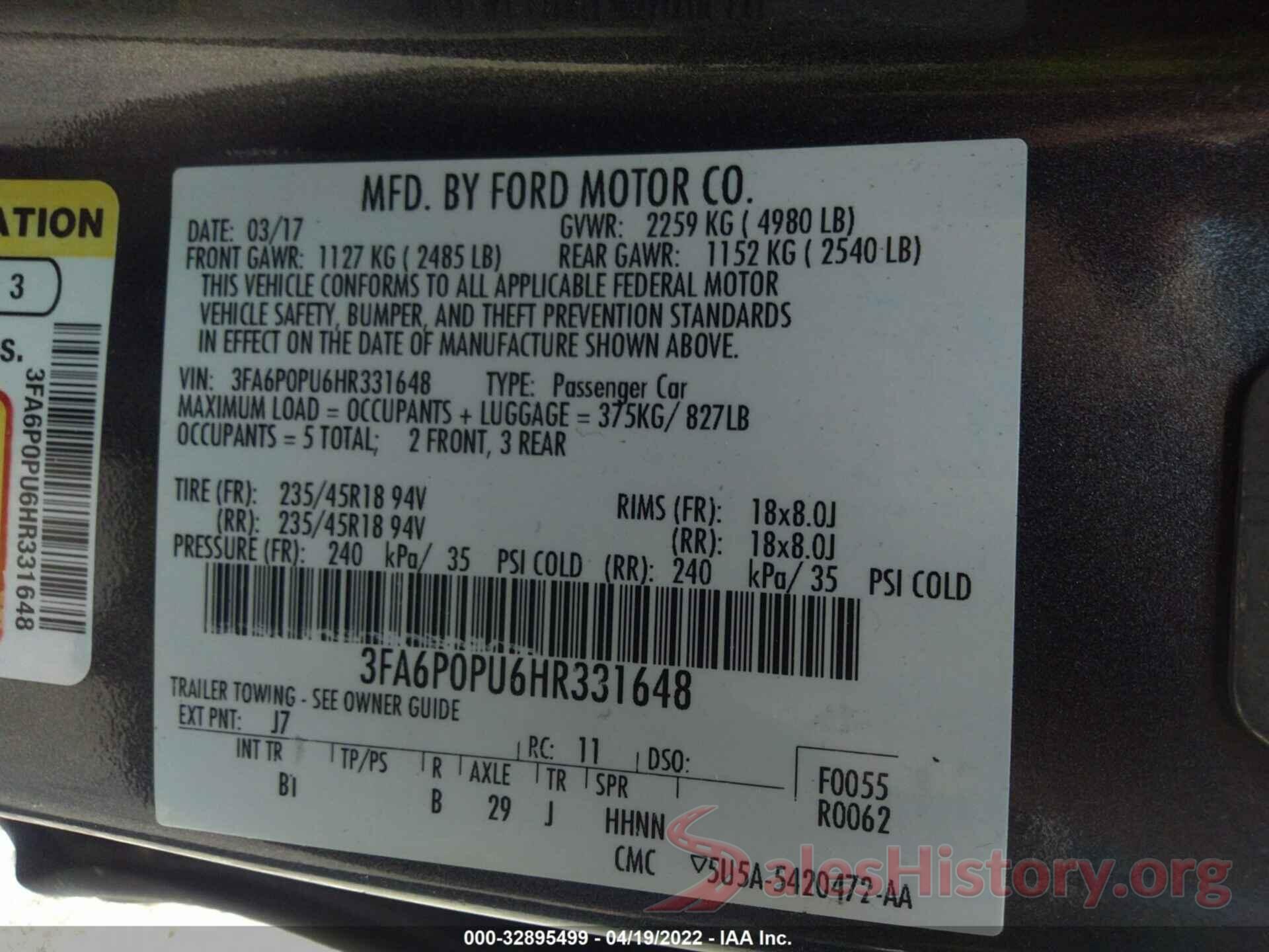 3FA6P0PU6HR331648 2017 FORD FUSION ENERGI