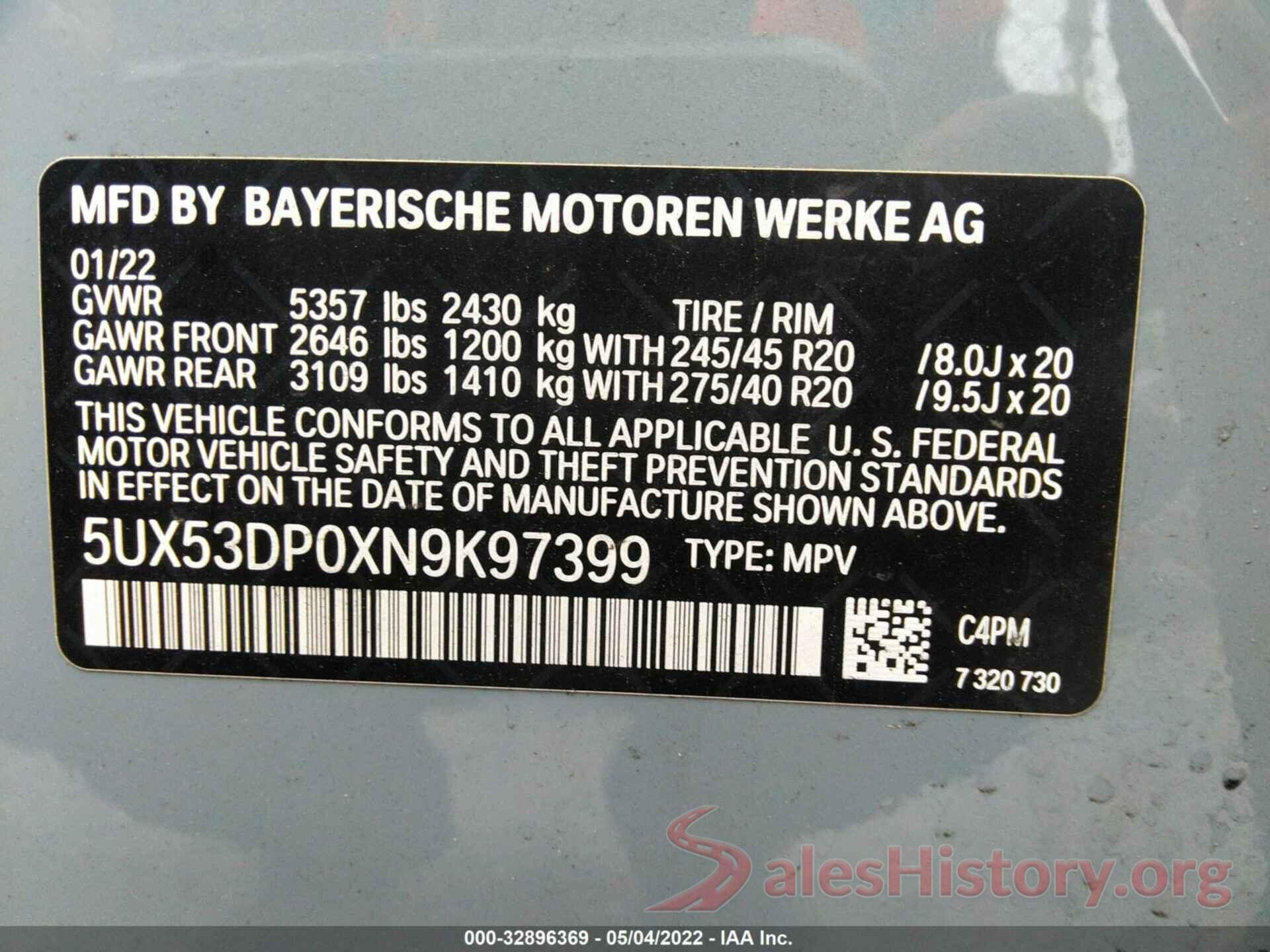 5UX53DP0XN9K97399 2022 BMW X3