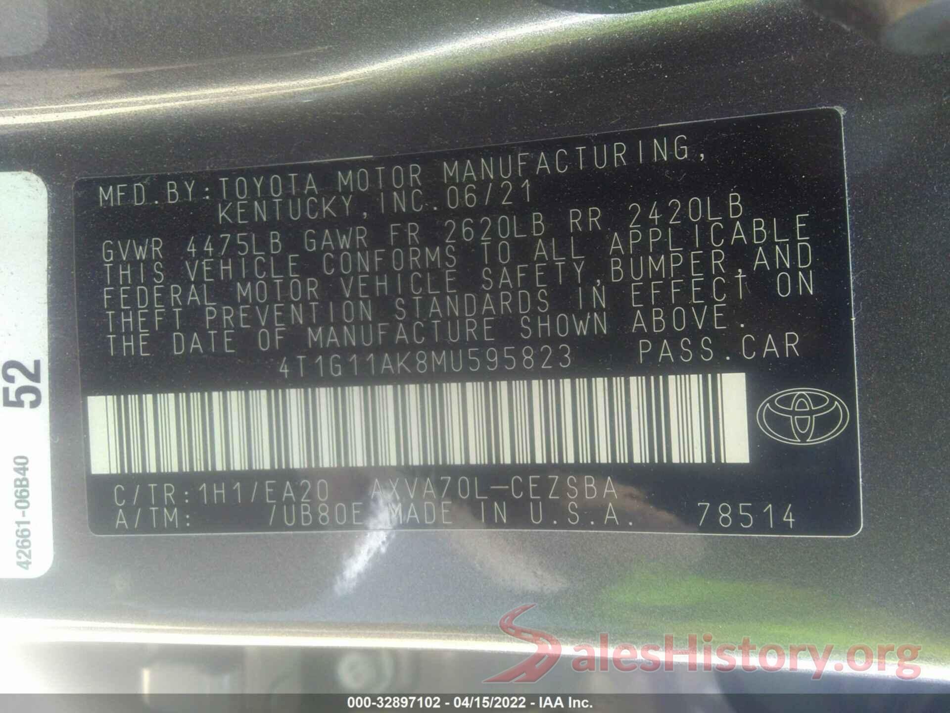 4T1G11AK8MU595823 2021 TOYOTA CAMRY