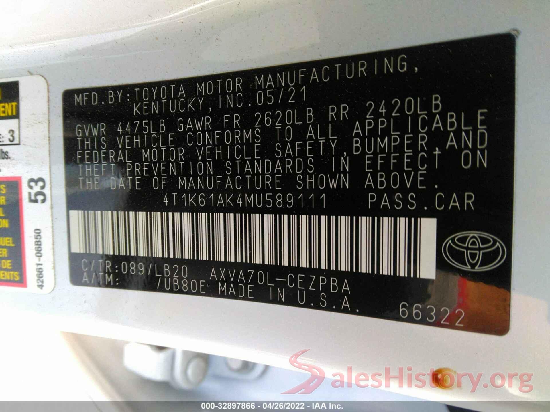 4T1K61AK4MU589111 2021 TOYOTA CAMRY