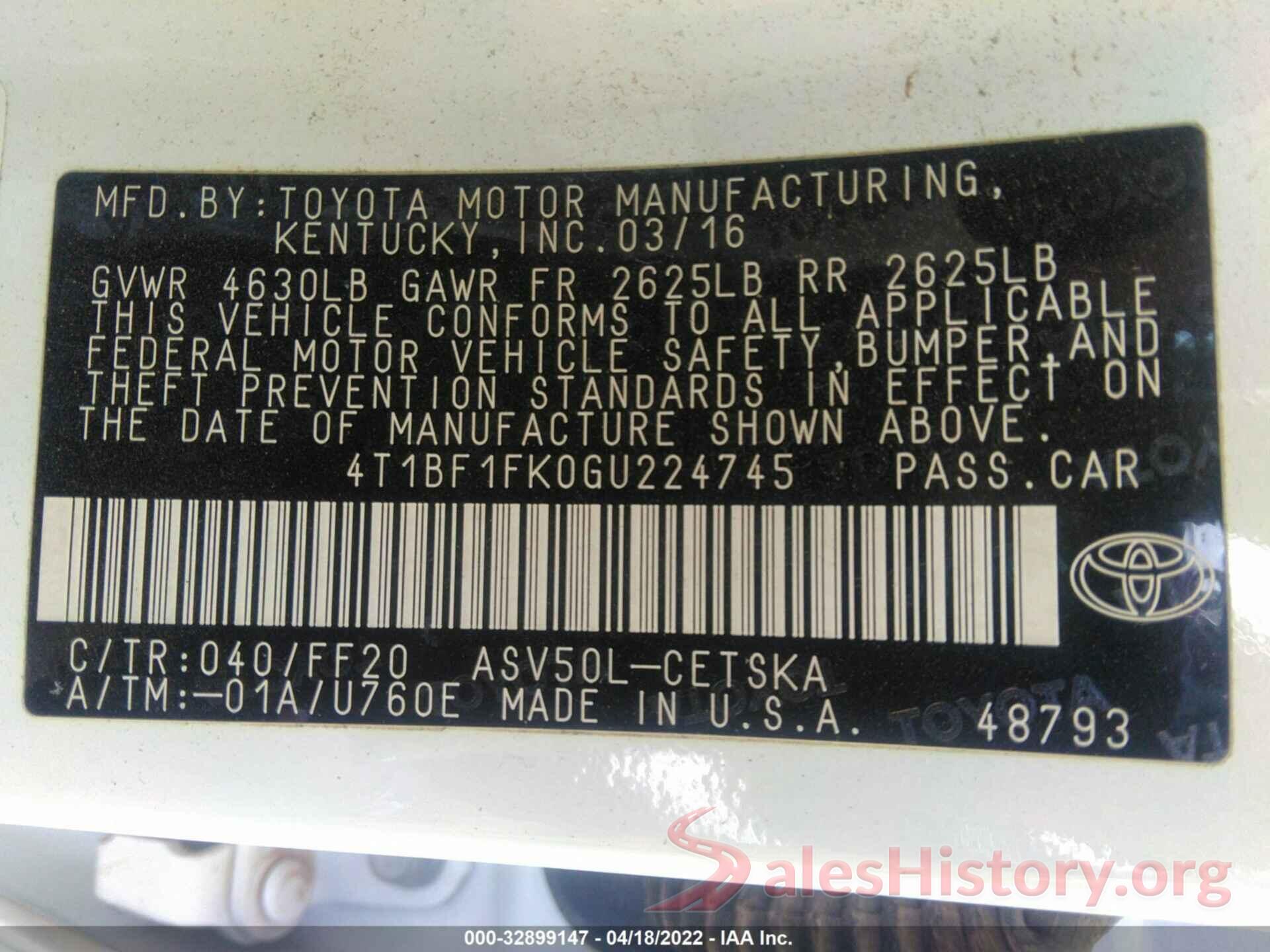 4T1BF1FK0GU224745 2016 TOYOTA CAMRY