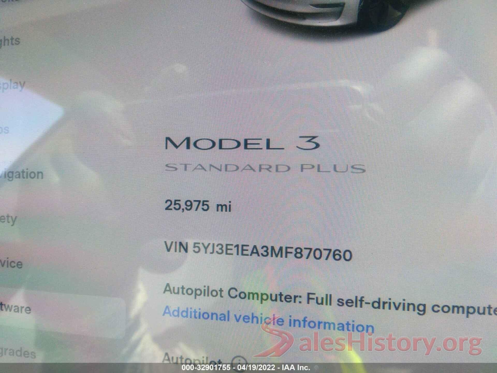 5YJ3E1EA3MF870760 2021 TESLA MODEL 3