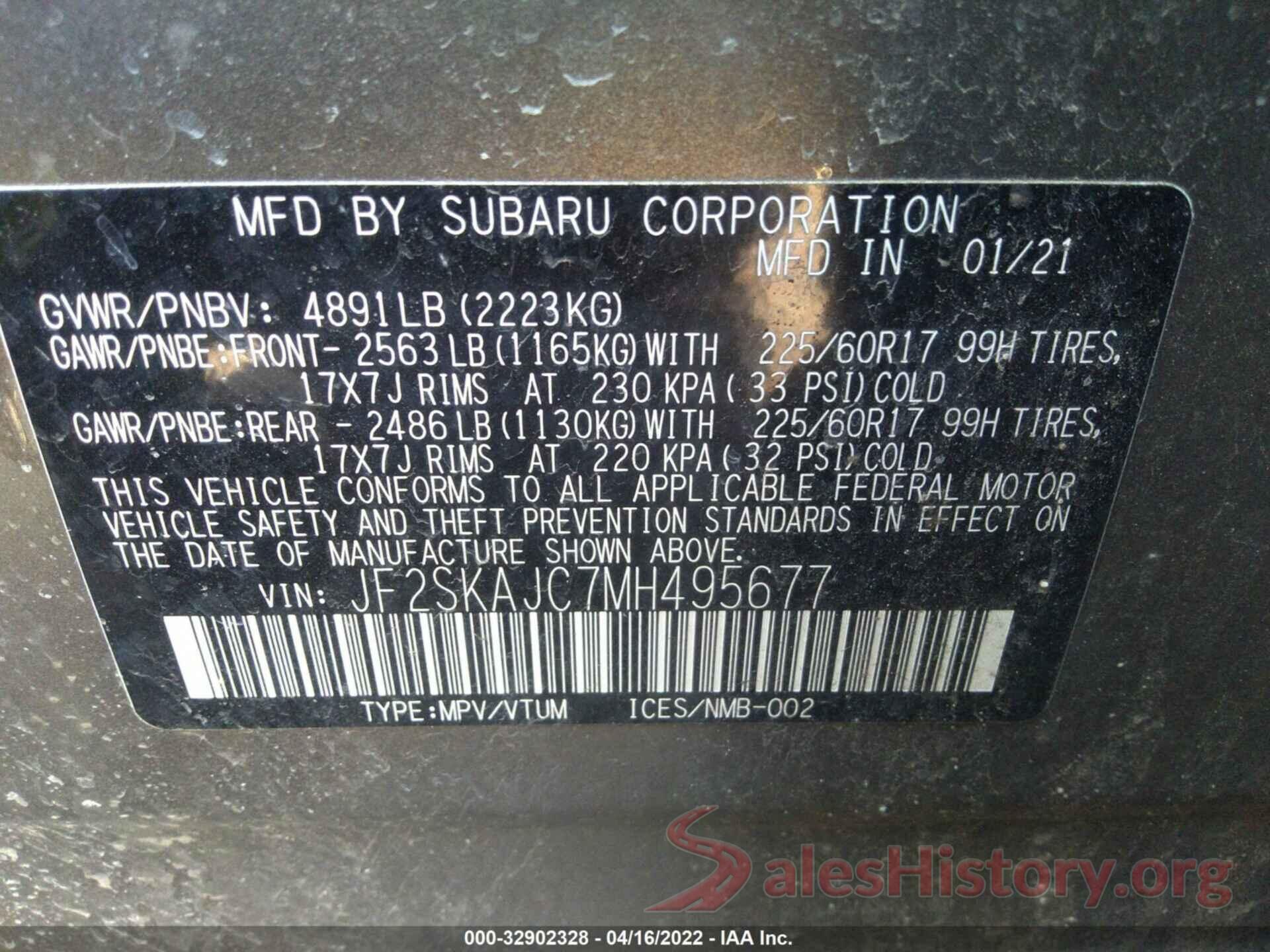 JF2SKAJC7MH495677 2021 SUBARU FORESTER