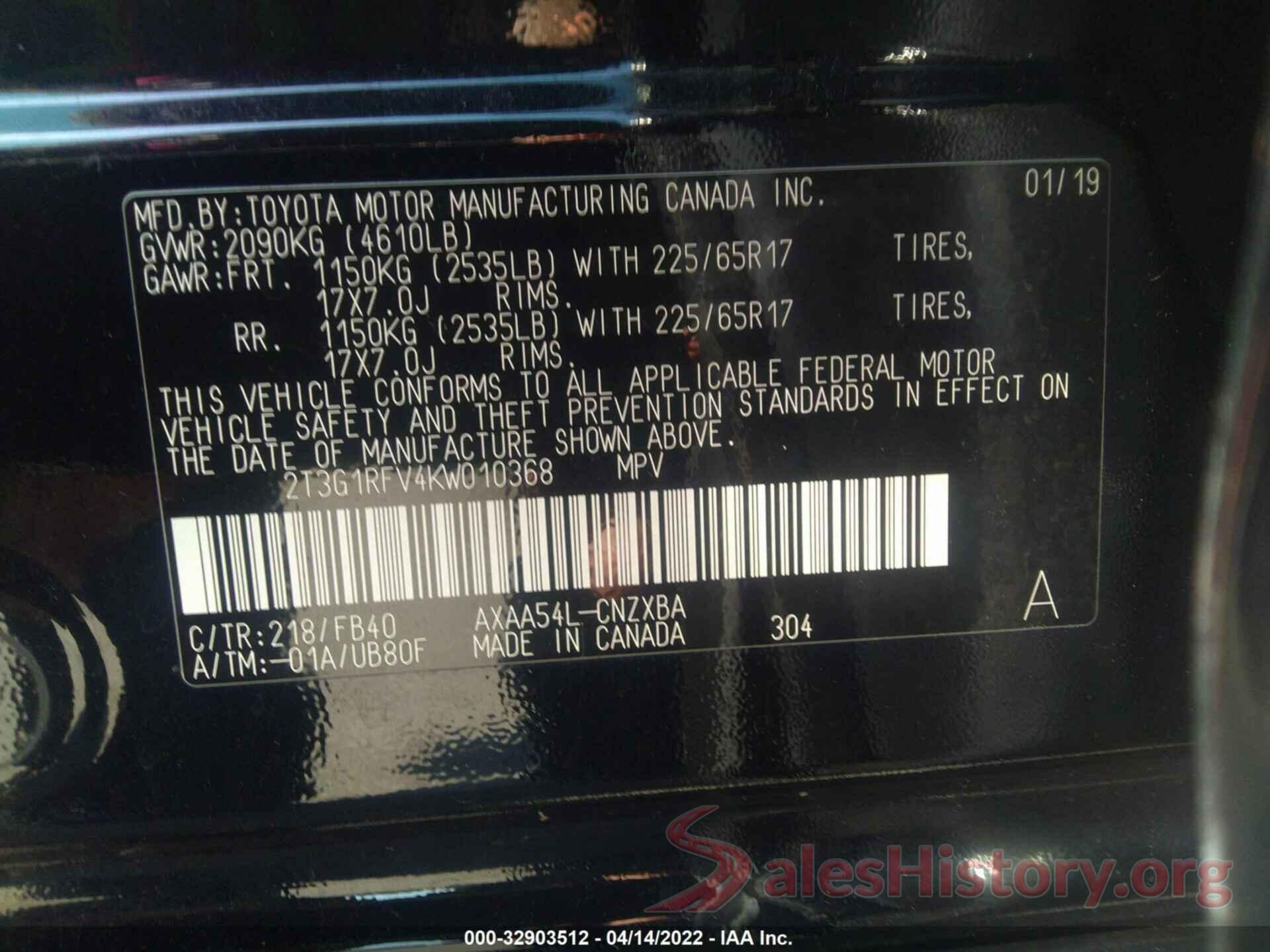 2T3G1RFV4KW010368 2019 TOYOTA RAV4