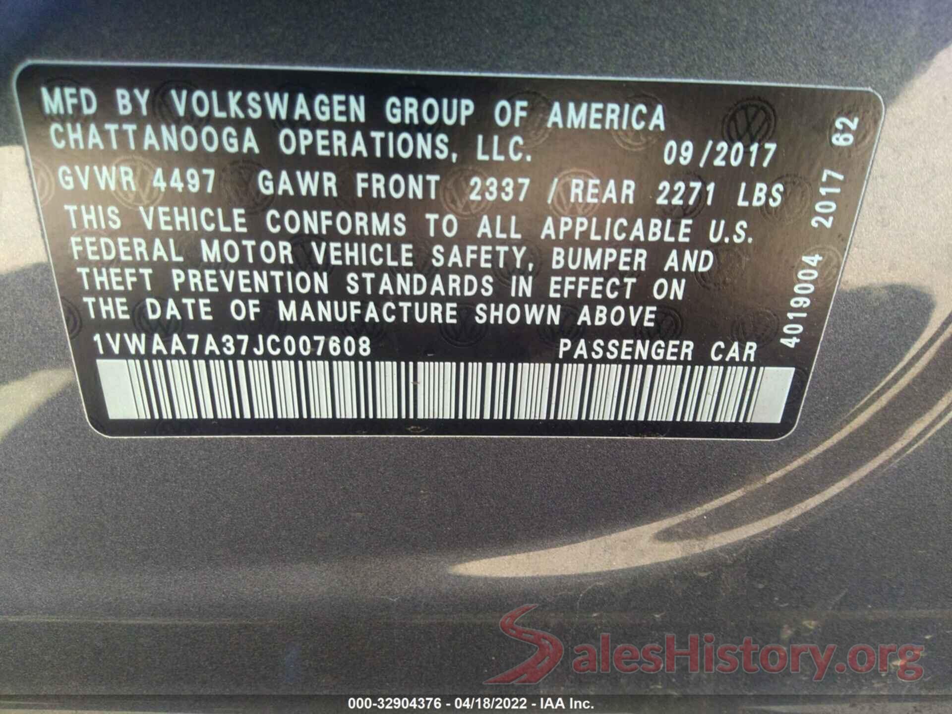 1VWAA7A37JC007608 2018 VOLKSWAGEN PASSAT