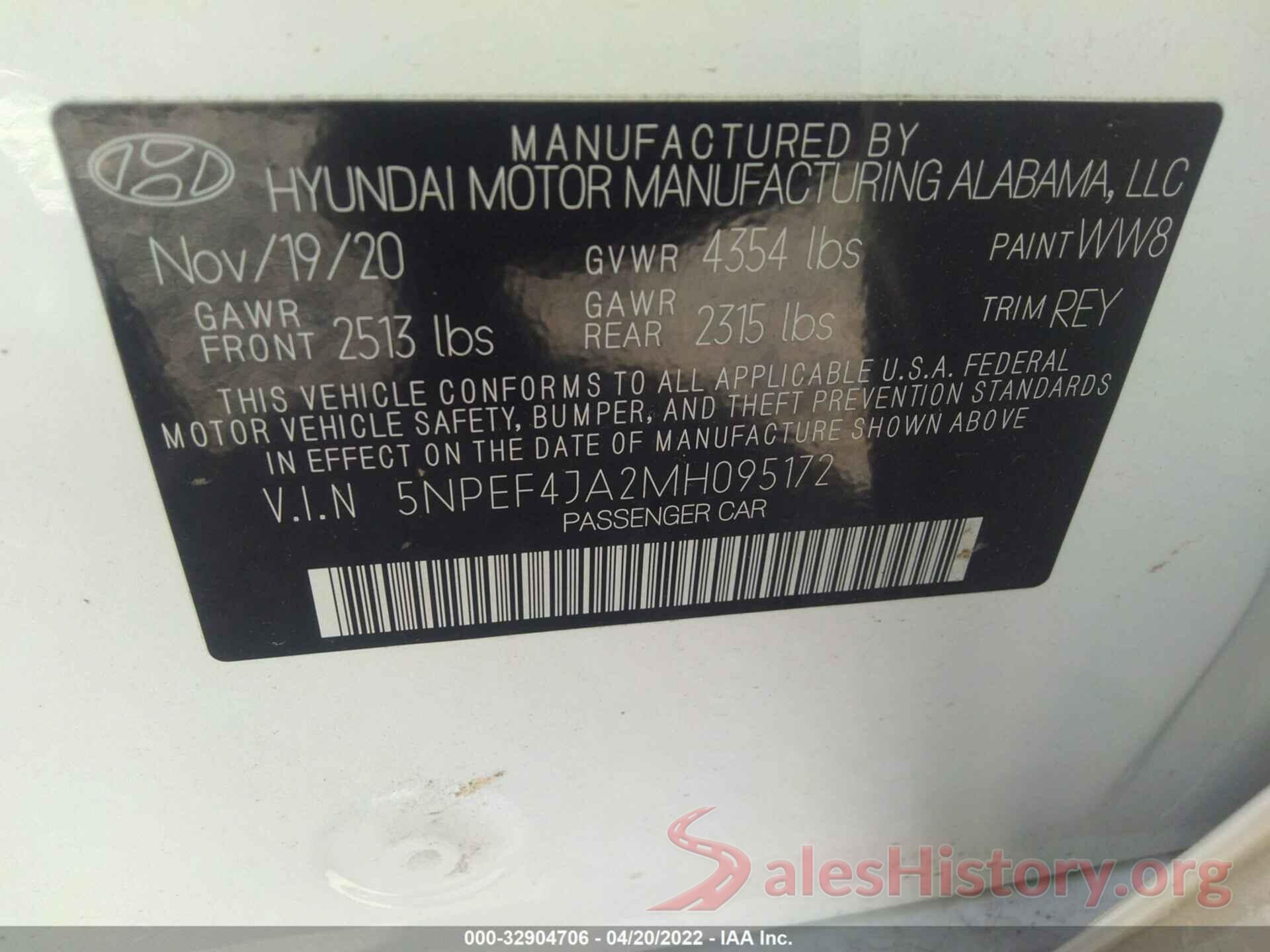 5NPEF4JA2MH095172 2021 HYUNDAI SONATA