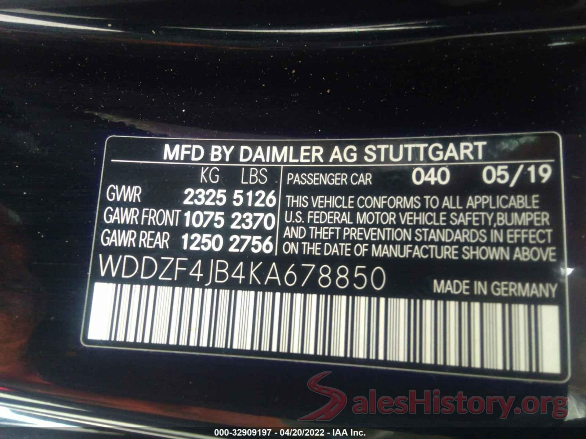 WDDZF4JB4KA678850 2019 MERCEDES-BENZ E-CLASS