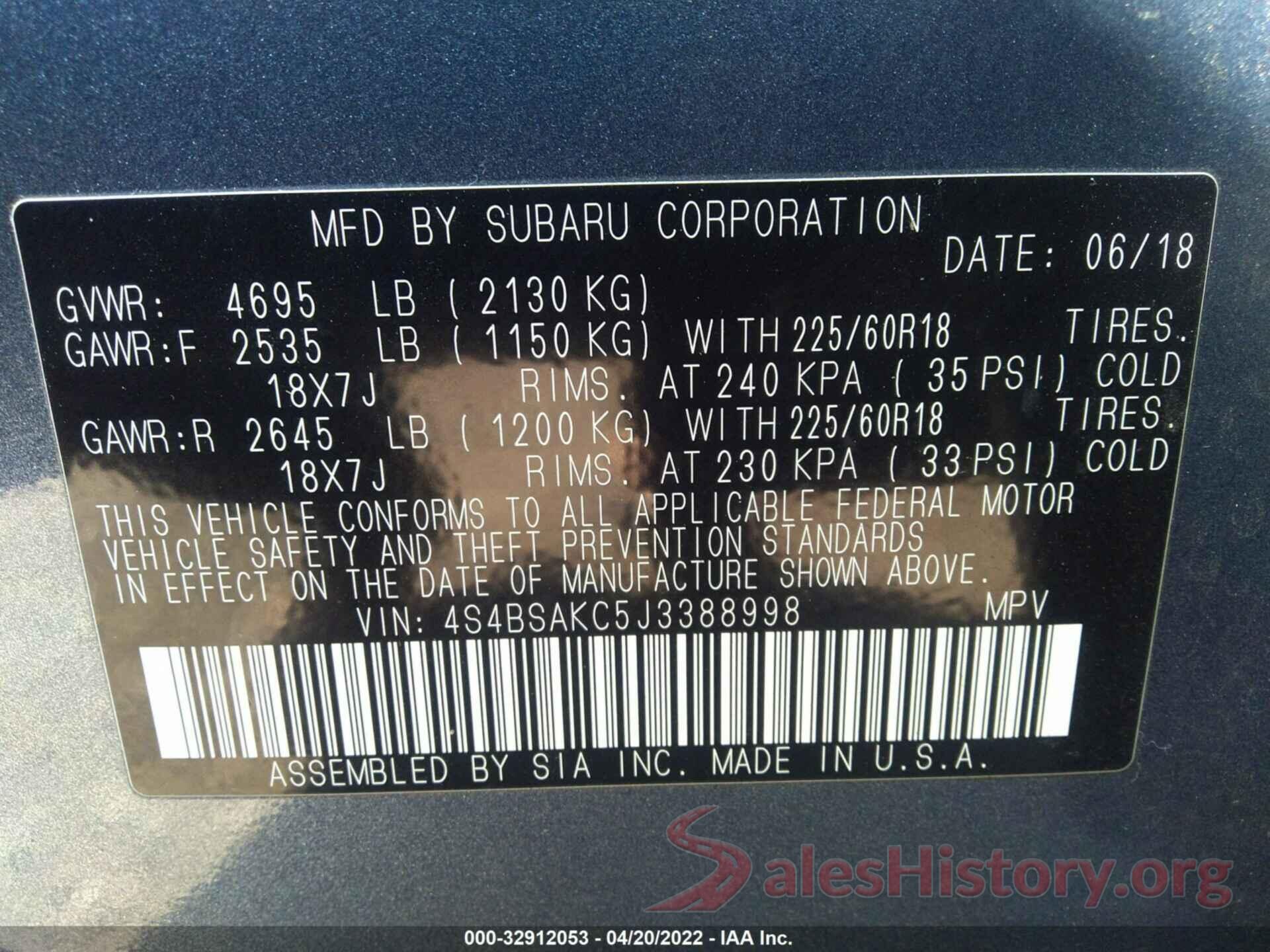 4S4BSAKC5J3388998 2018 SUBARU OUTBACK