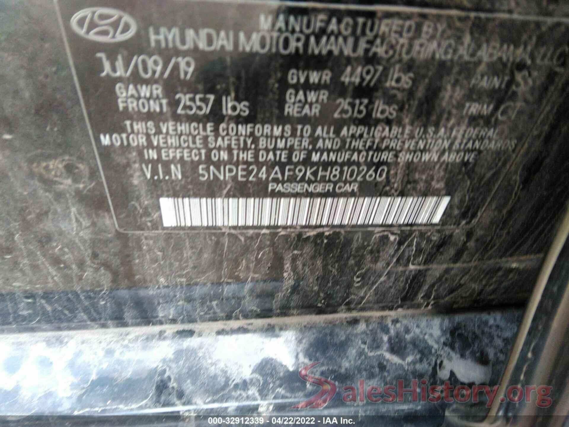 5NPE24AF9KH810260 2019 HYUNDAI SONATA