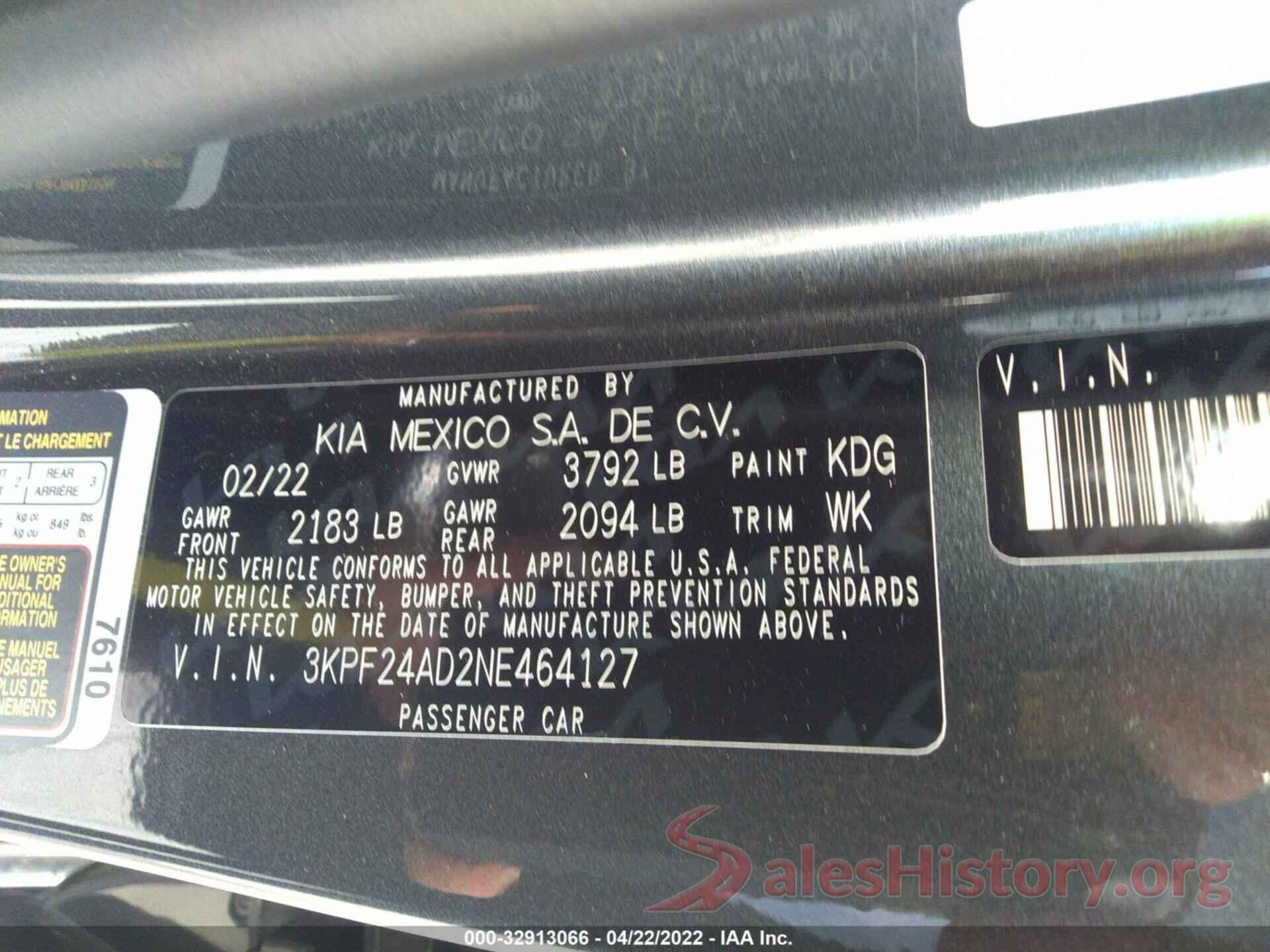 3KPF24AD2NE464127 2022 KIA FORTE