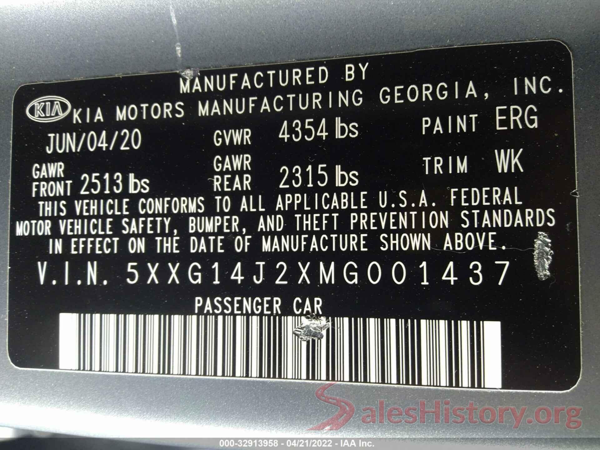 5XXG14J2XMG001437 2021 KIA K5