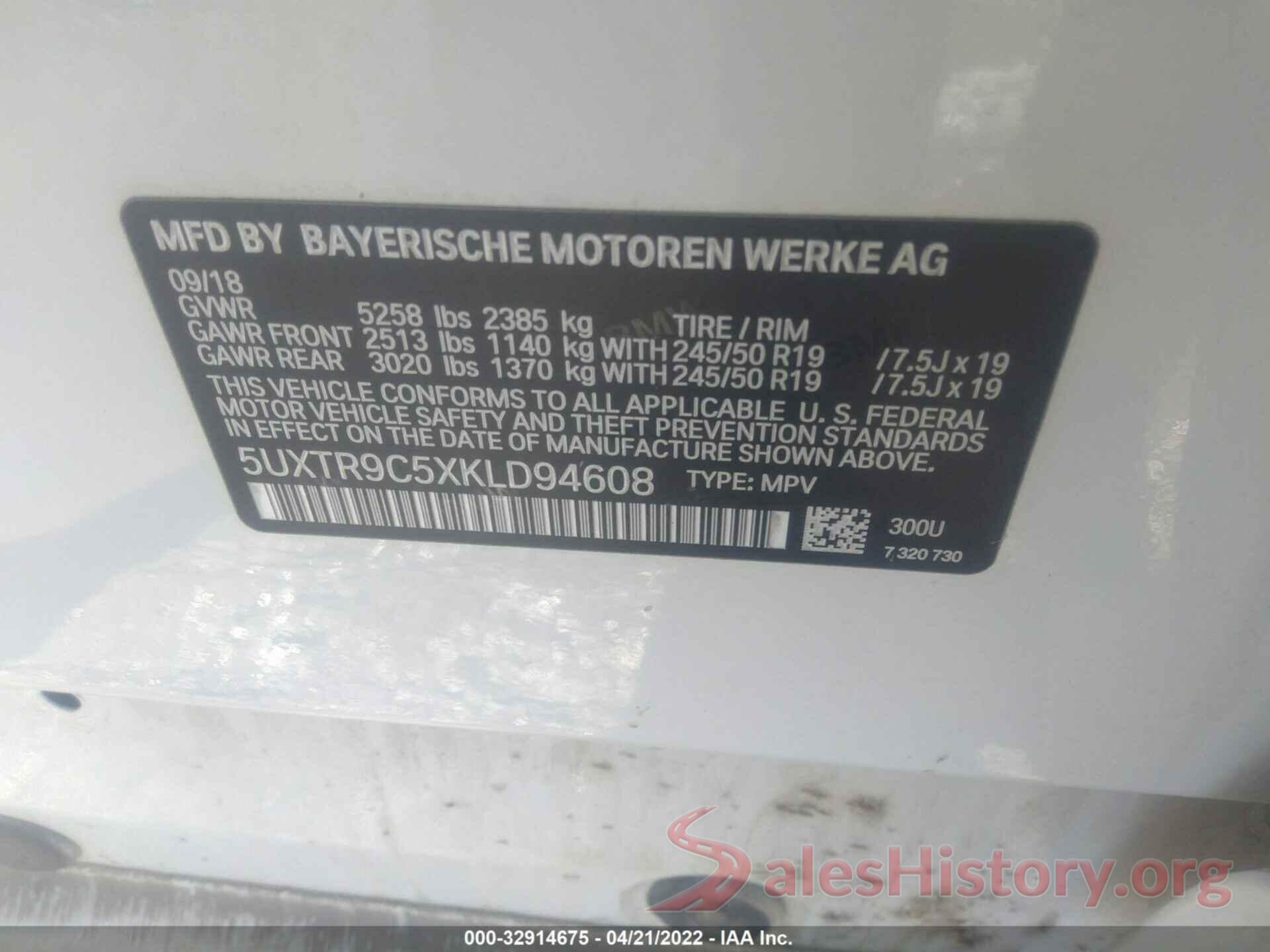 5UXTR9C5XKLD94608 2019 BMW X3