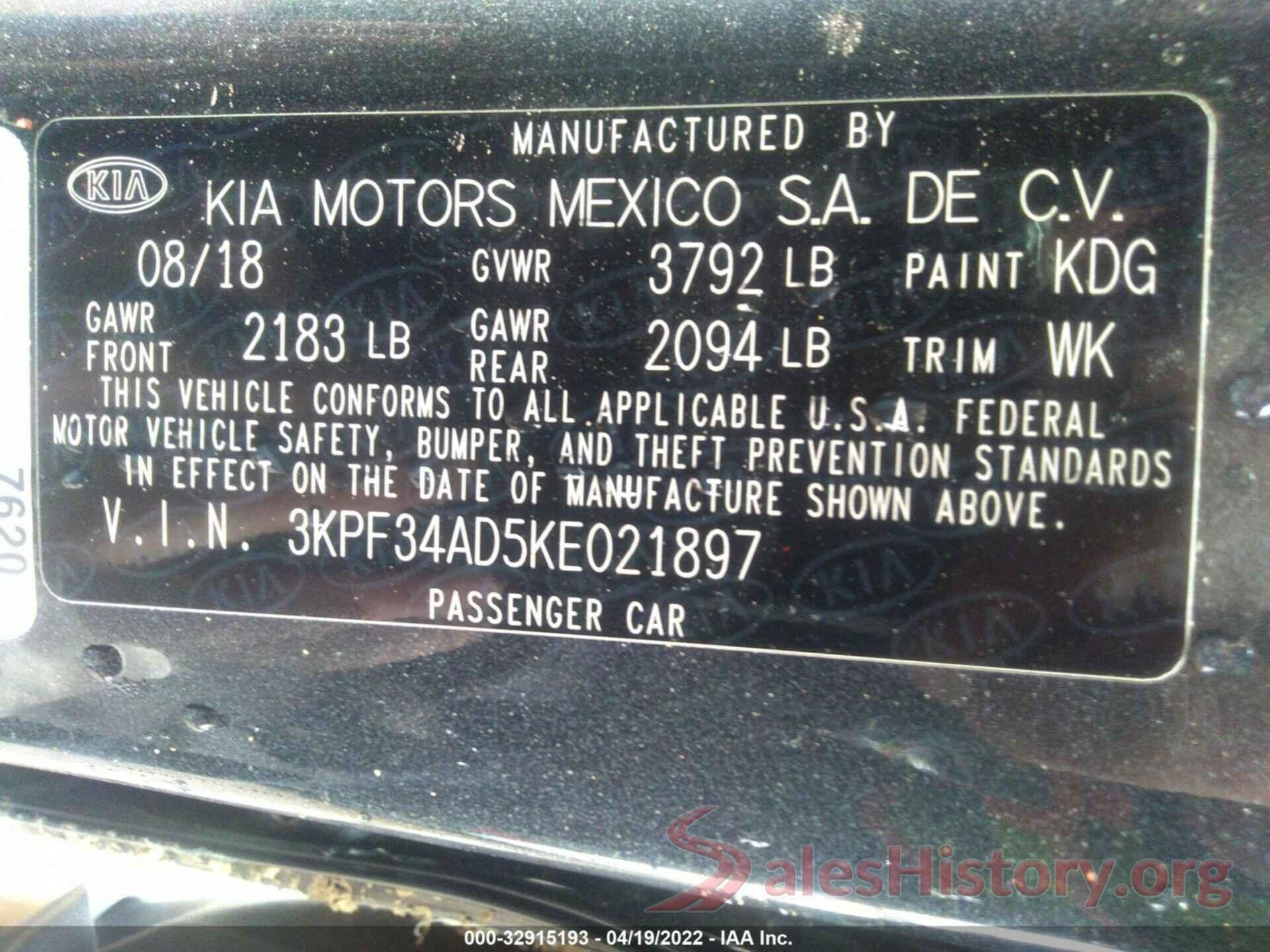 3KPF34AD5KE021897 2019 KIA FORTE