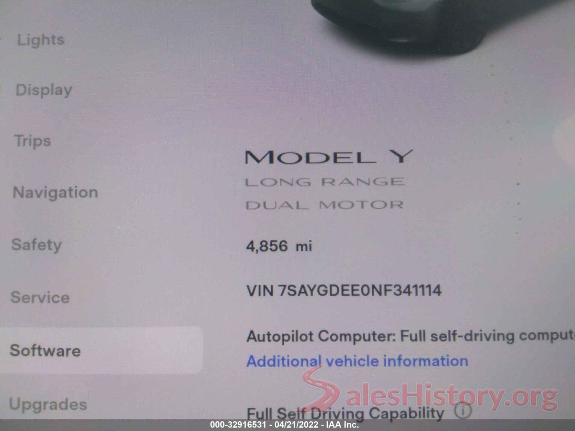 7SAYGDEE0NF341114 2022 TESLA MODEL Y