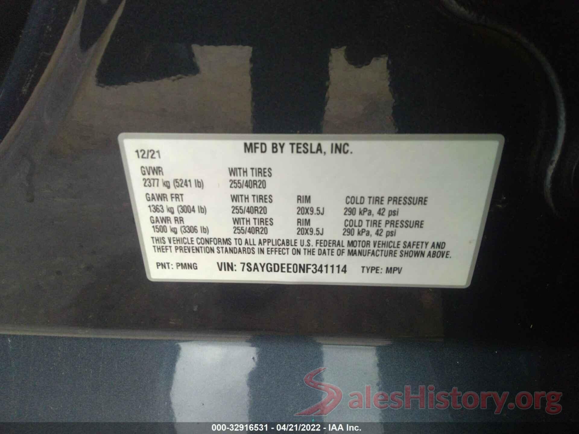 7SAYGDEE0NF341114 2022 TESLA MODEL Y